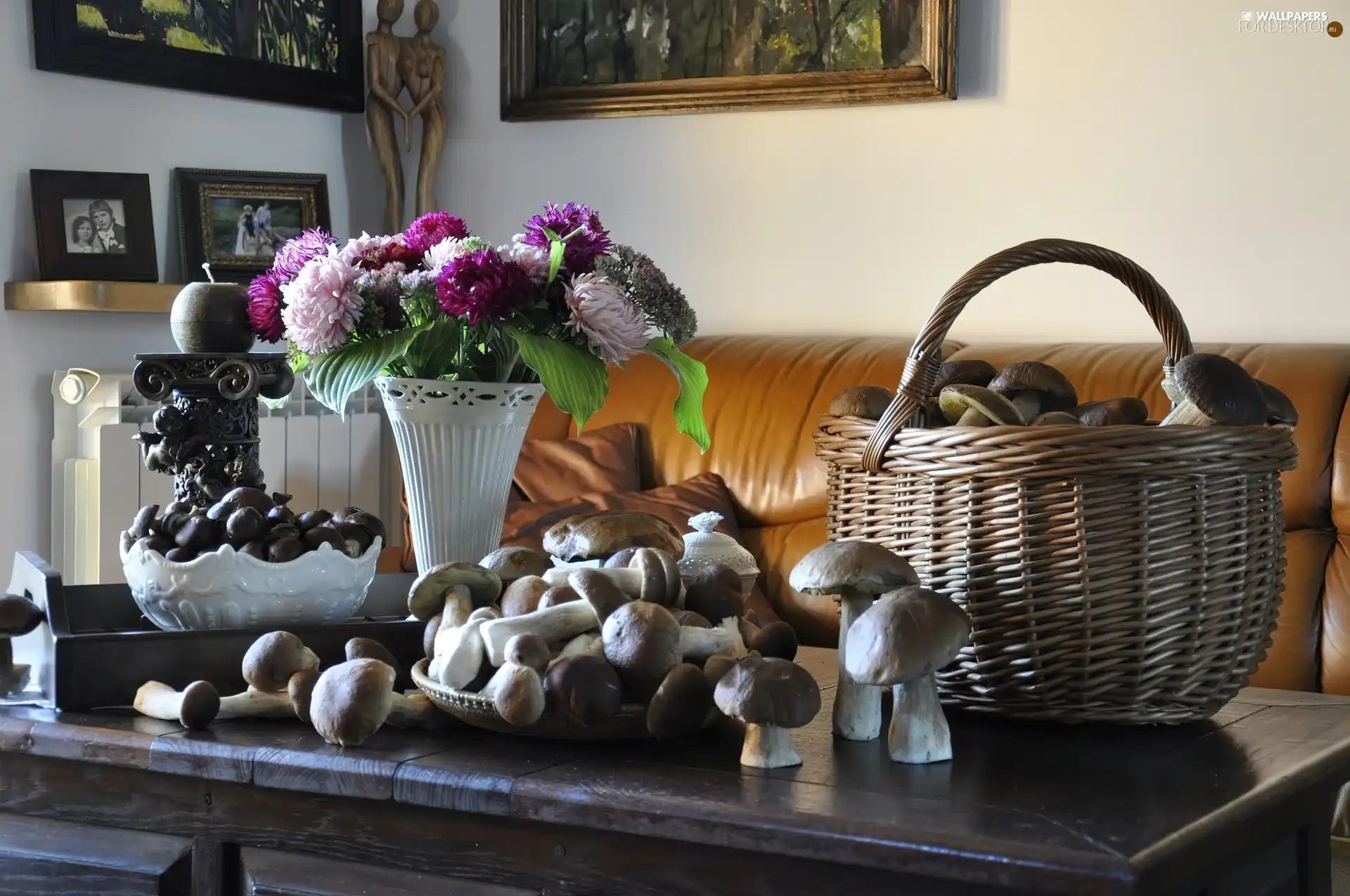 Bouquet of Flowers, basket, mushrooms