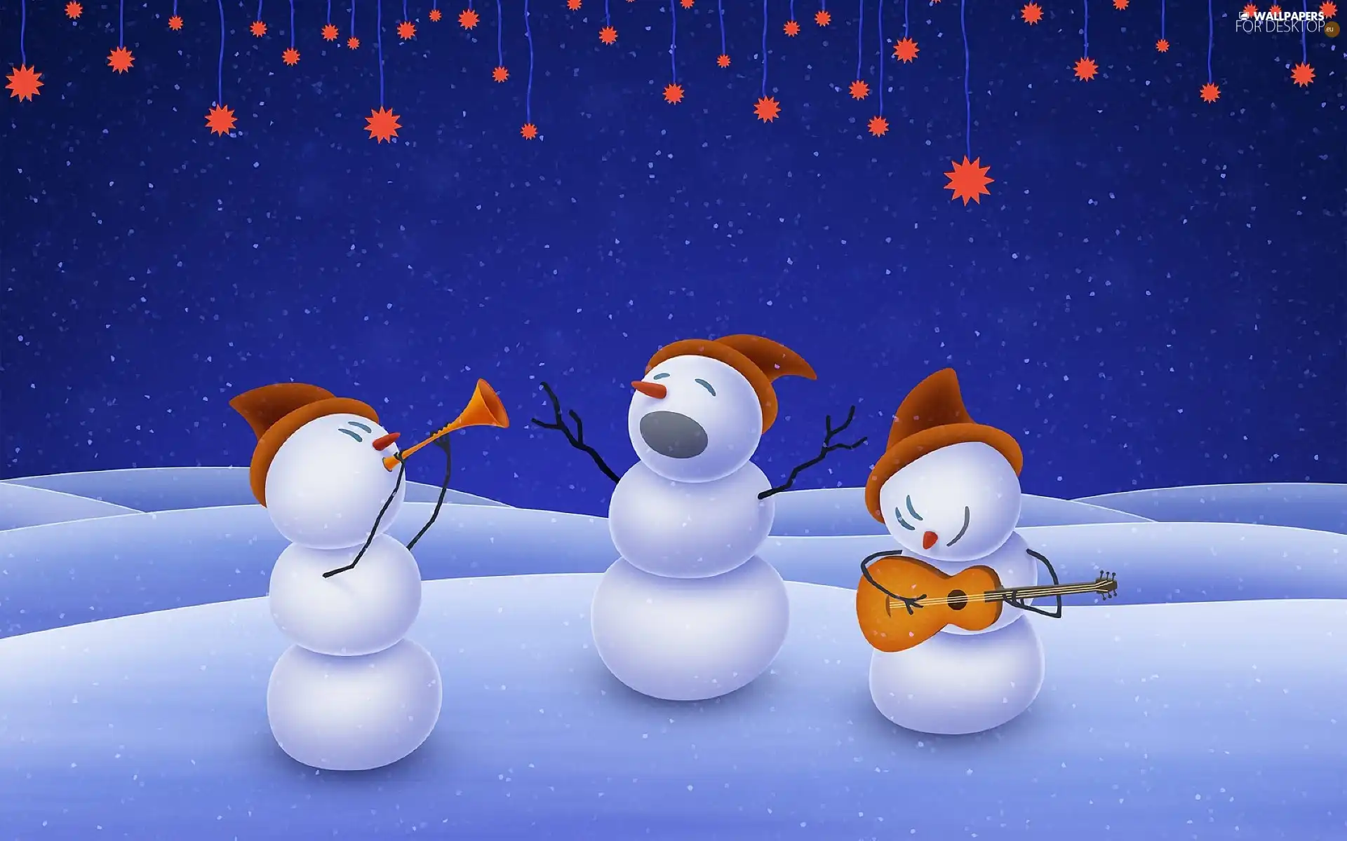 Three, christmas, music, snowmen