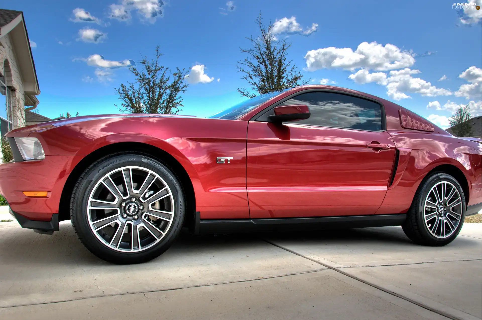 Mustang GT, Red, Sky, clouds, square, Ford