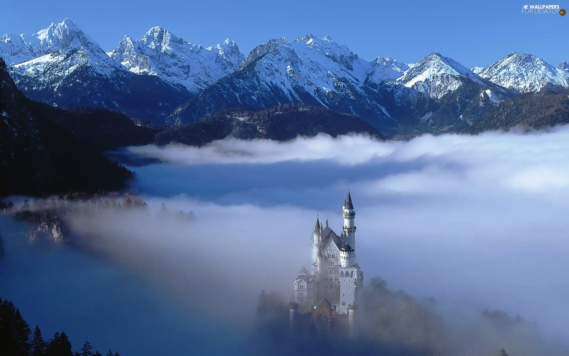 Neuschwanstein, Fog, winter, Castle, Mountains