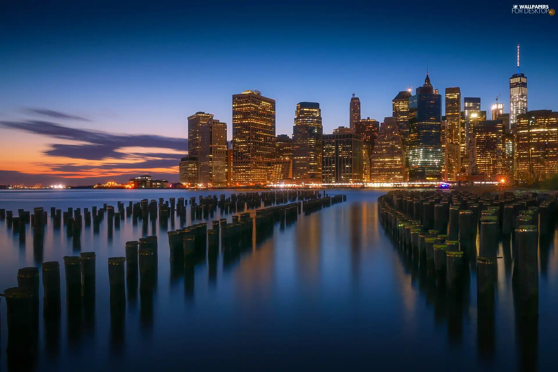 skyscrapers, sea, The United States, Gulf, New York, illuminated, Manhattan, twilight