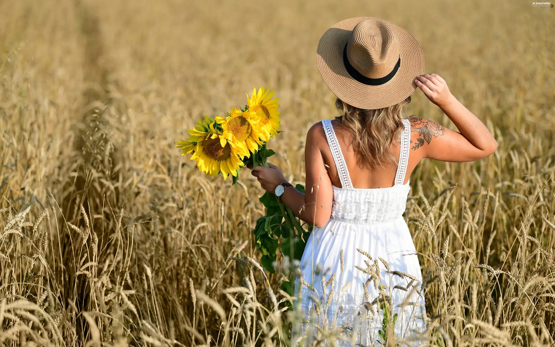 Hat, Women, bouquet, Nice sunflowers, Field, Blonde