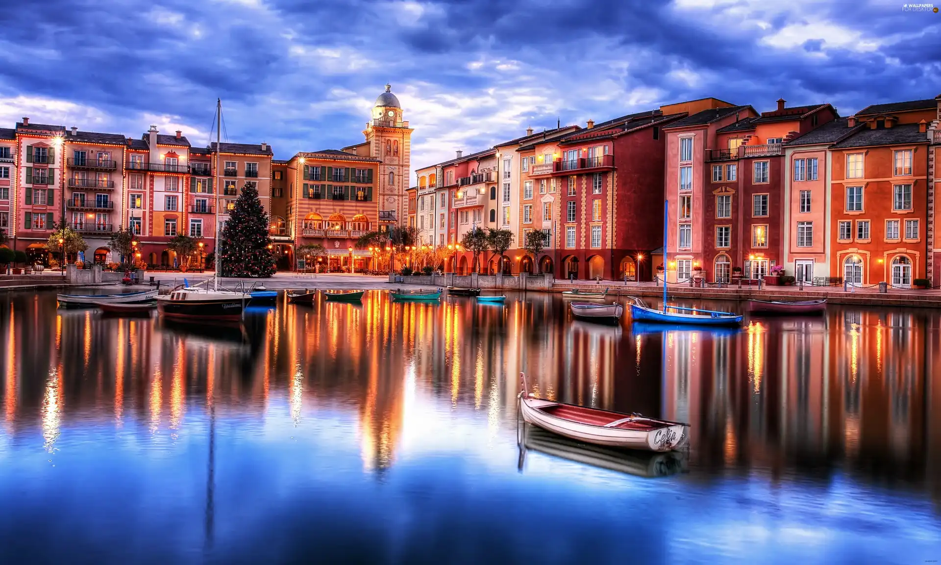 Boats, Town, night, Orlando