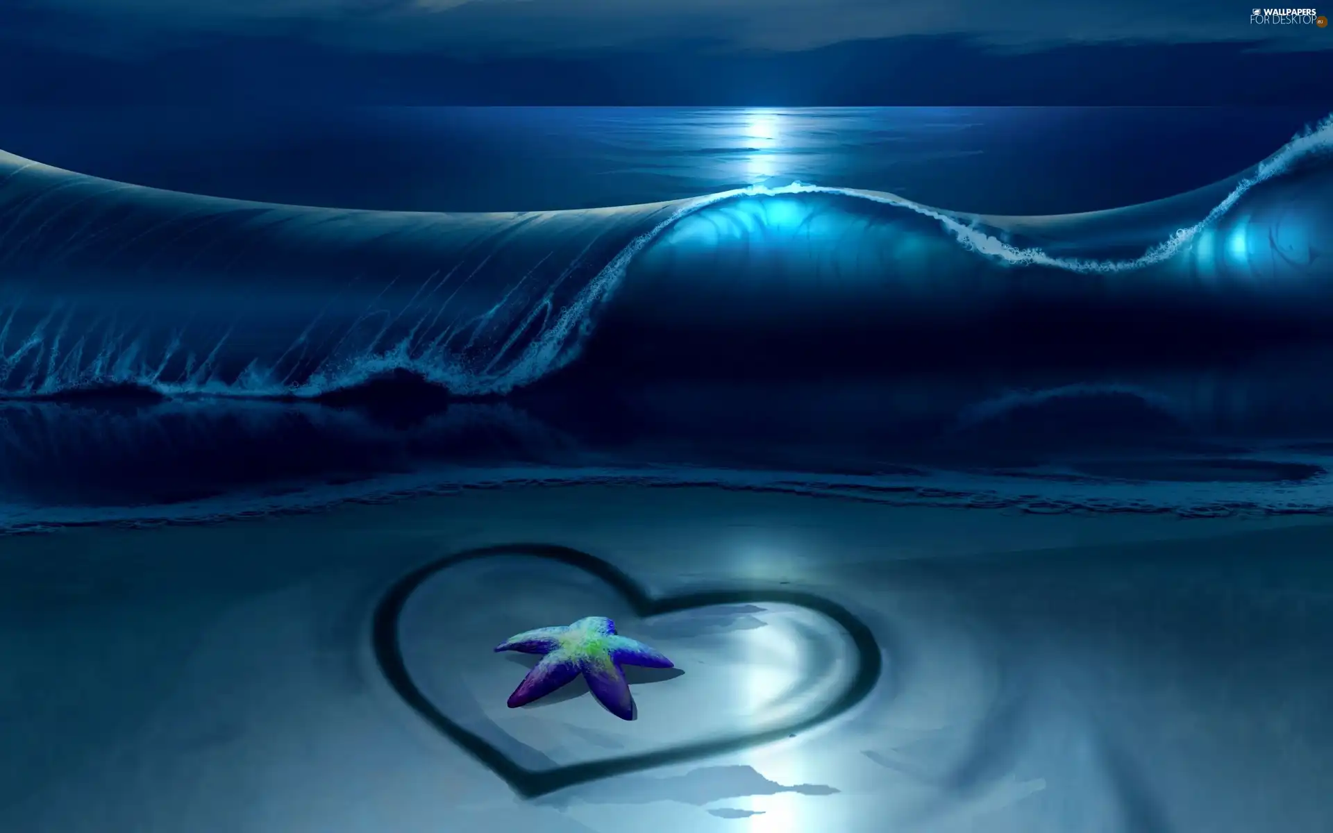 Night, Heart, sea, Waves, graphics