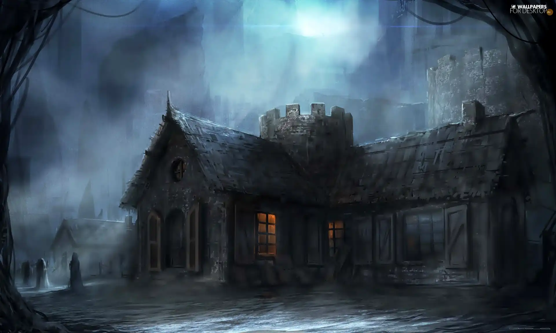 Night, fantasy, Houses