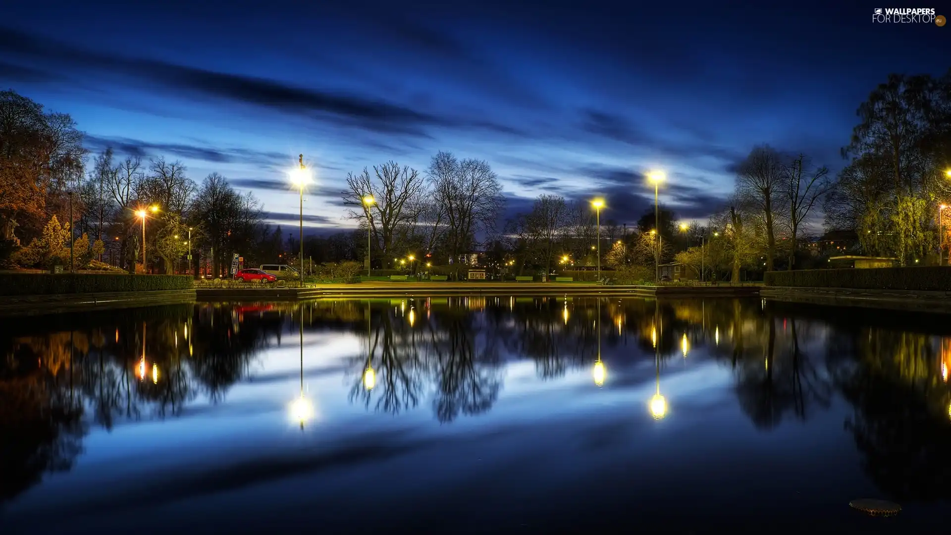 lake, Night, Helsinki, Lamps