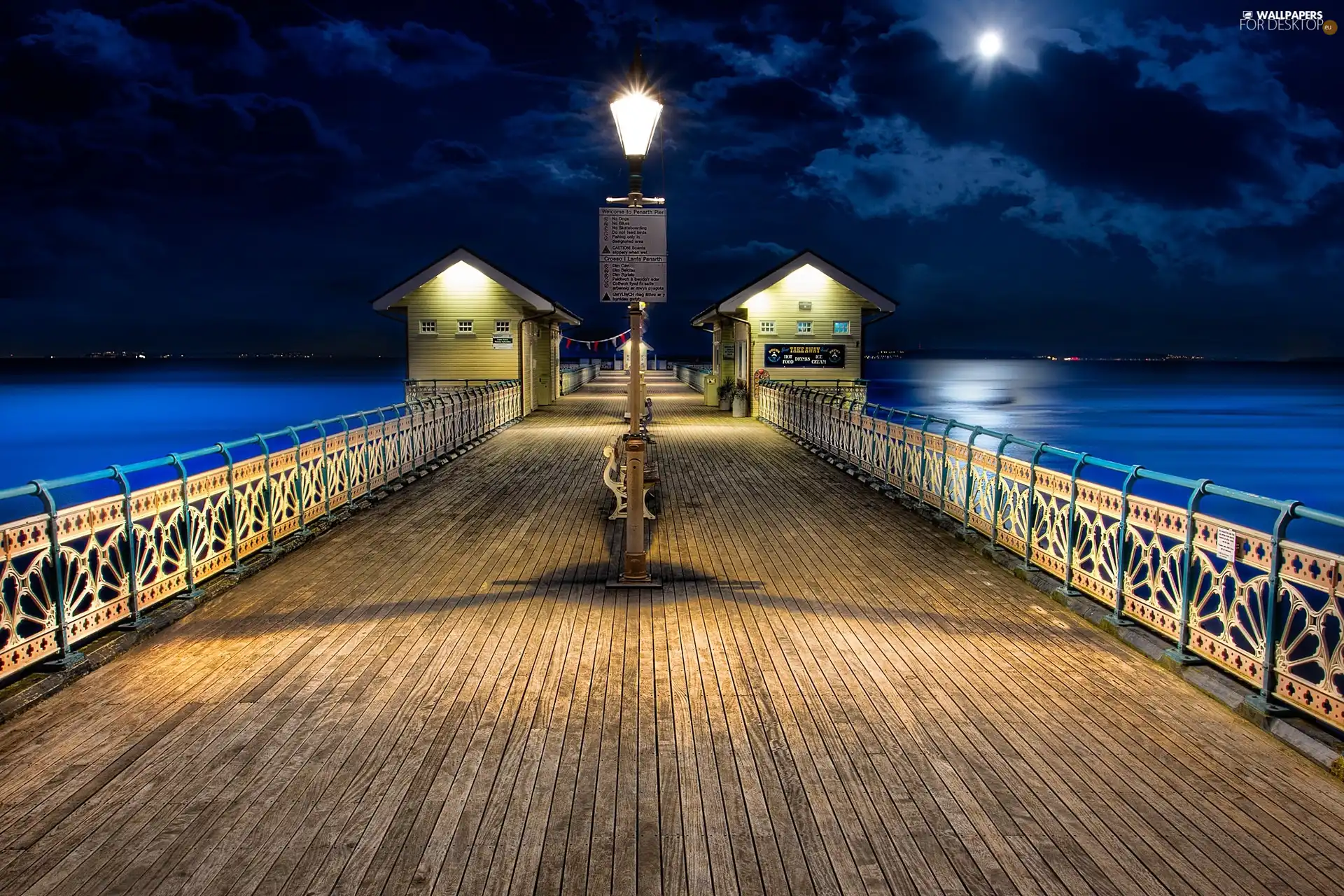 Night, pier, Lighthouse