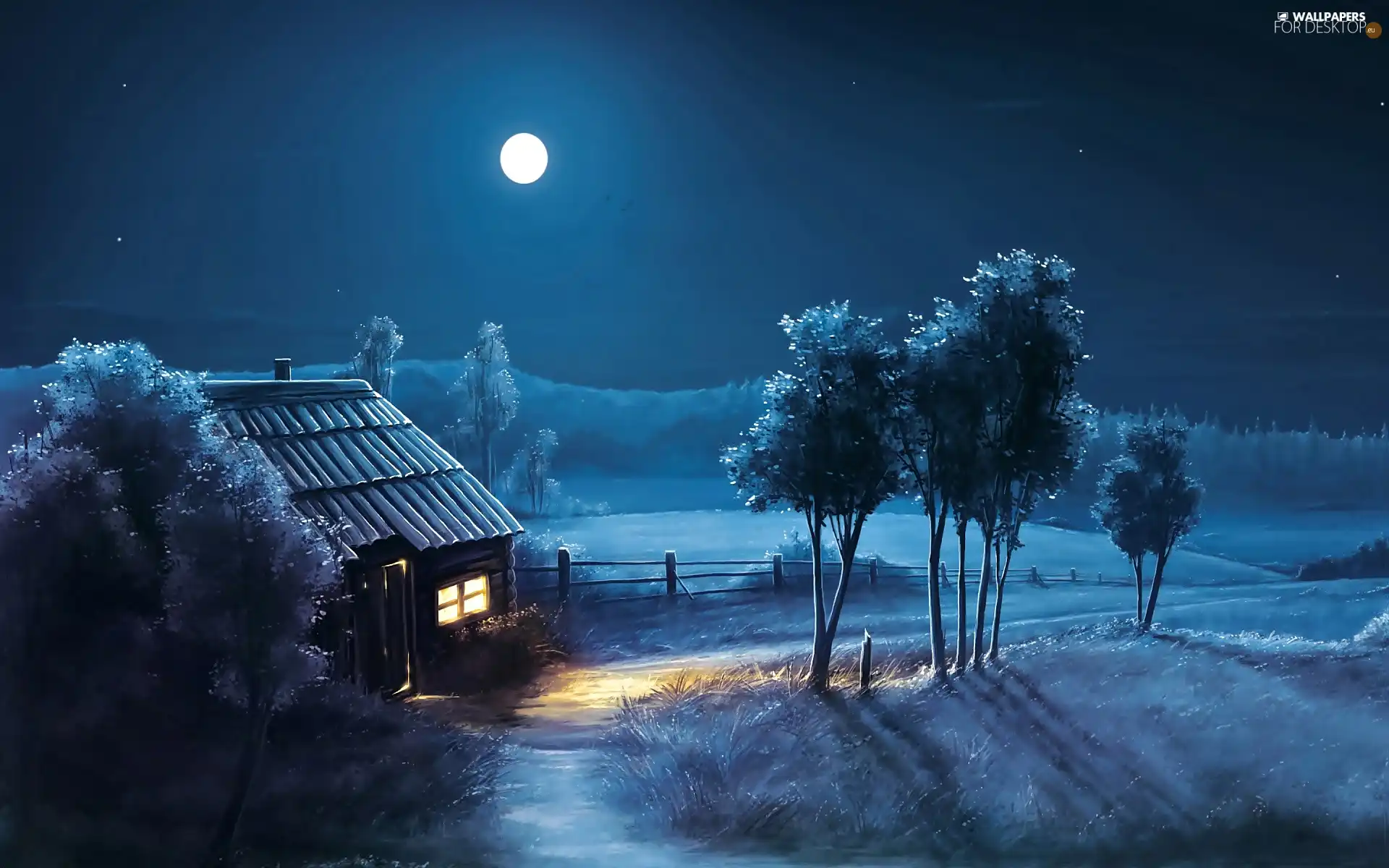 Night, moon, trees, viewes, house