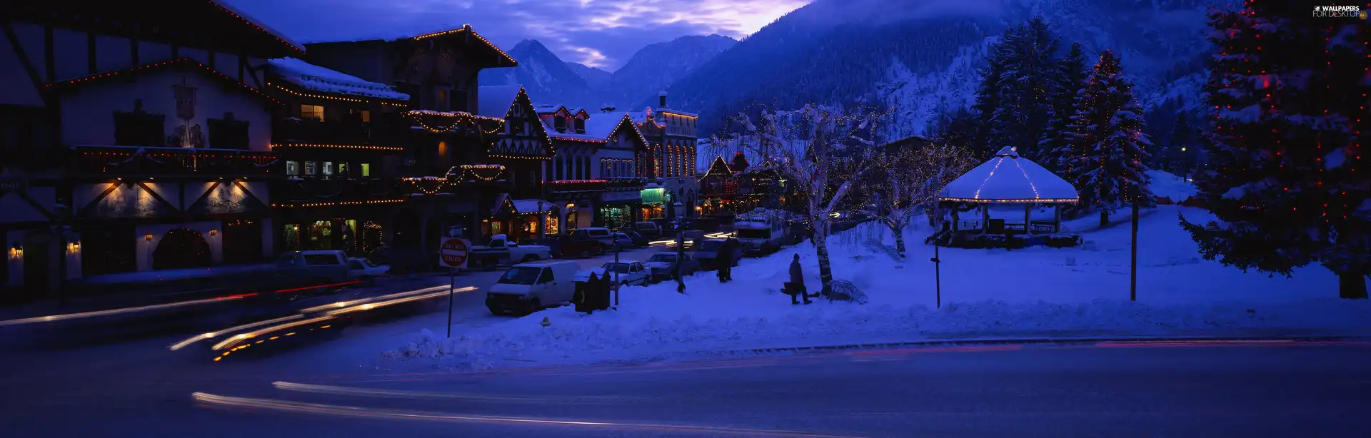 night, Town, mountain