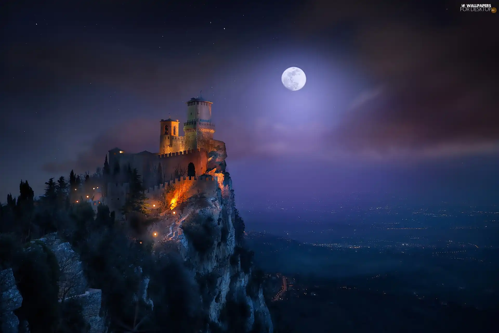 Castle, moon, Night, San Marino