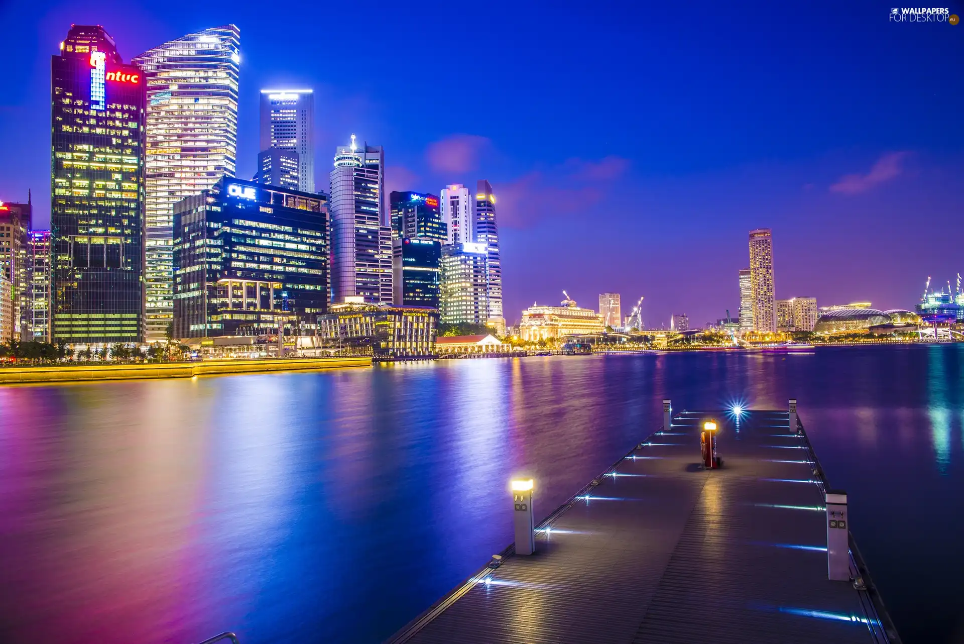 pier, skyscrapers, Night, Singapur, Town, Gulf