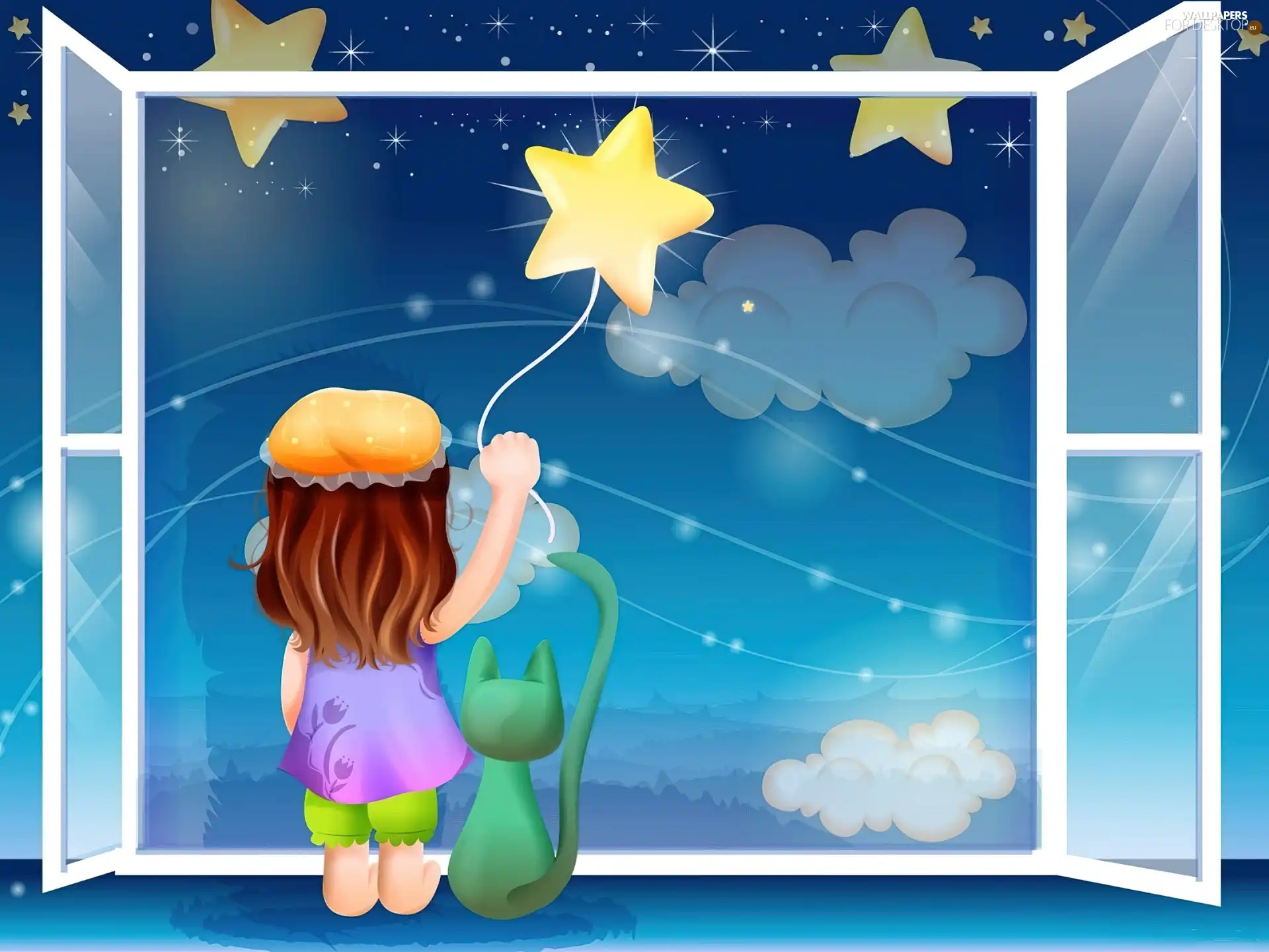 Night, star, cat, Window, Kid