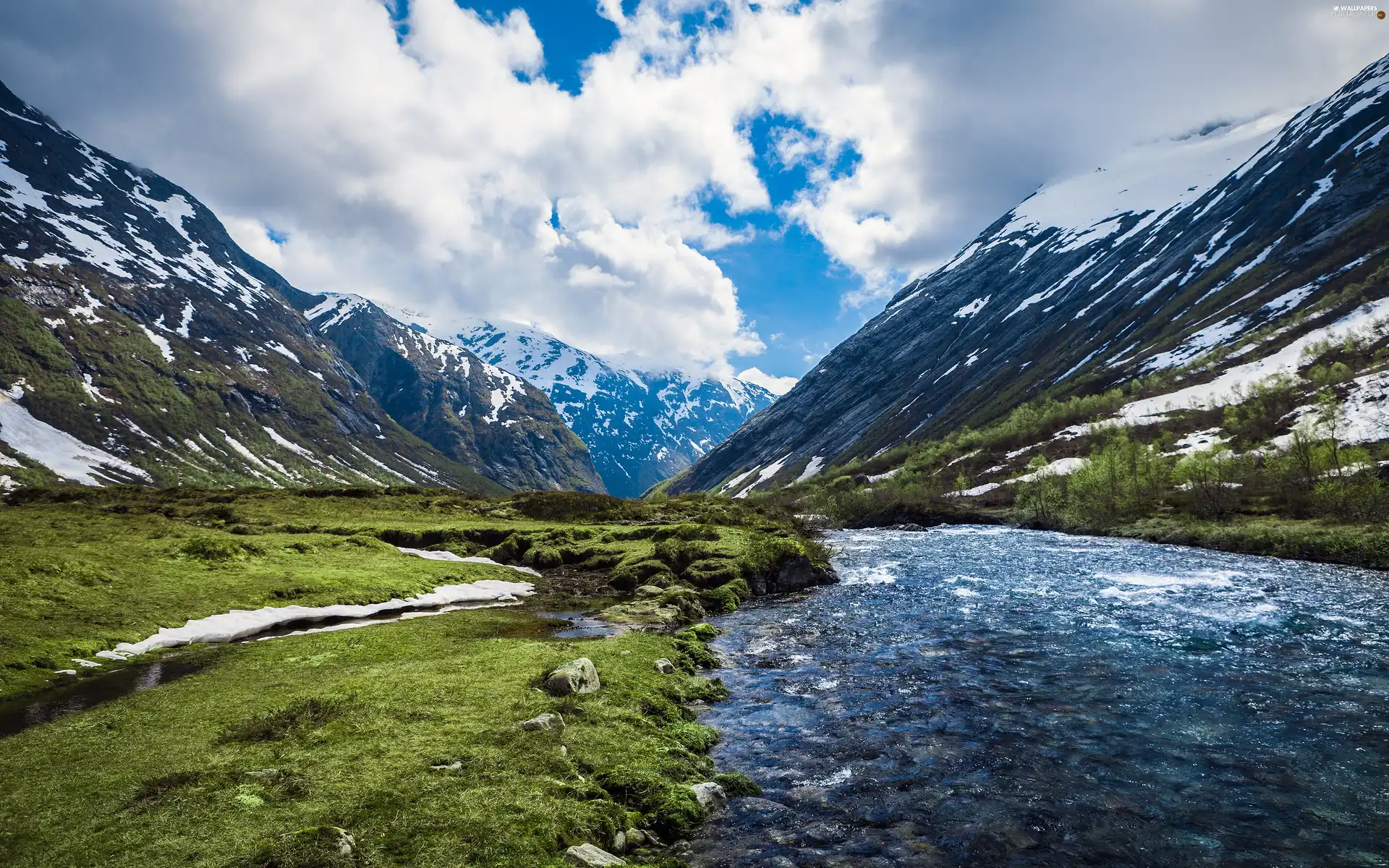 Norway, River, Mountains