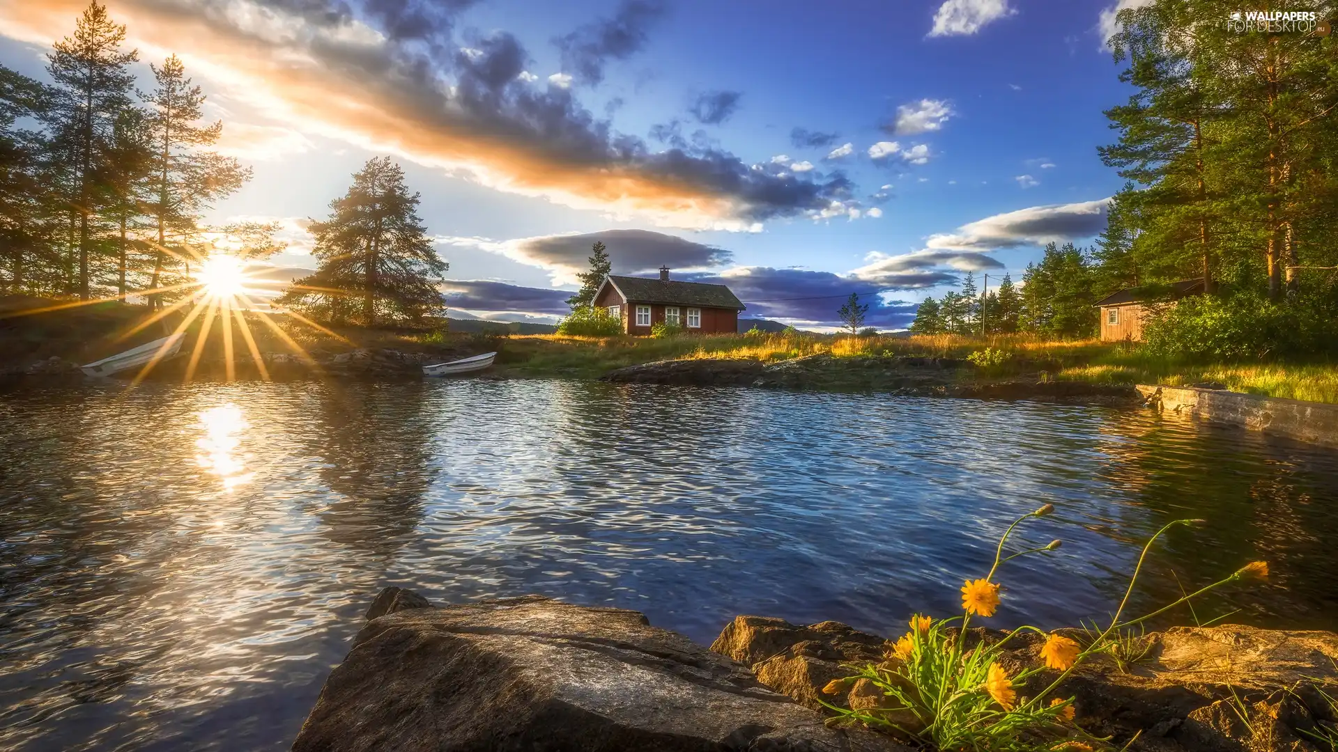house, Ringerike, boats, rays of the Sun, trees, Norway, Vaeleren Lake, clouds, Stones, viewes
