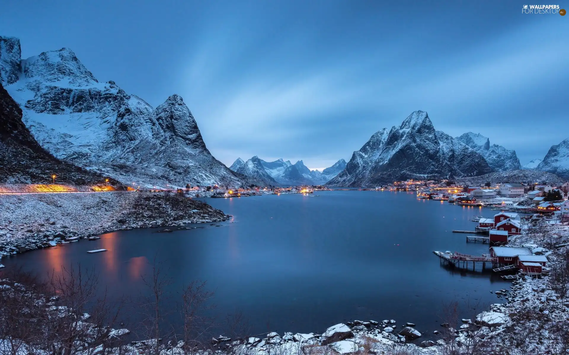 Houses, lake, Norway, winter, colony, Mountains