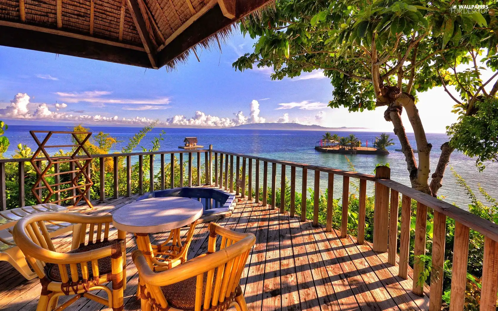 terrace, View, Ocean, trees