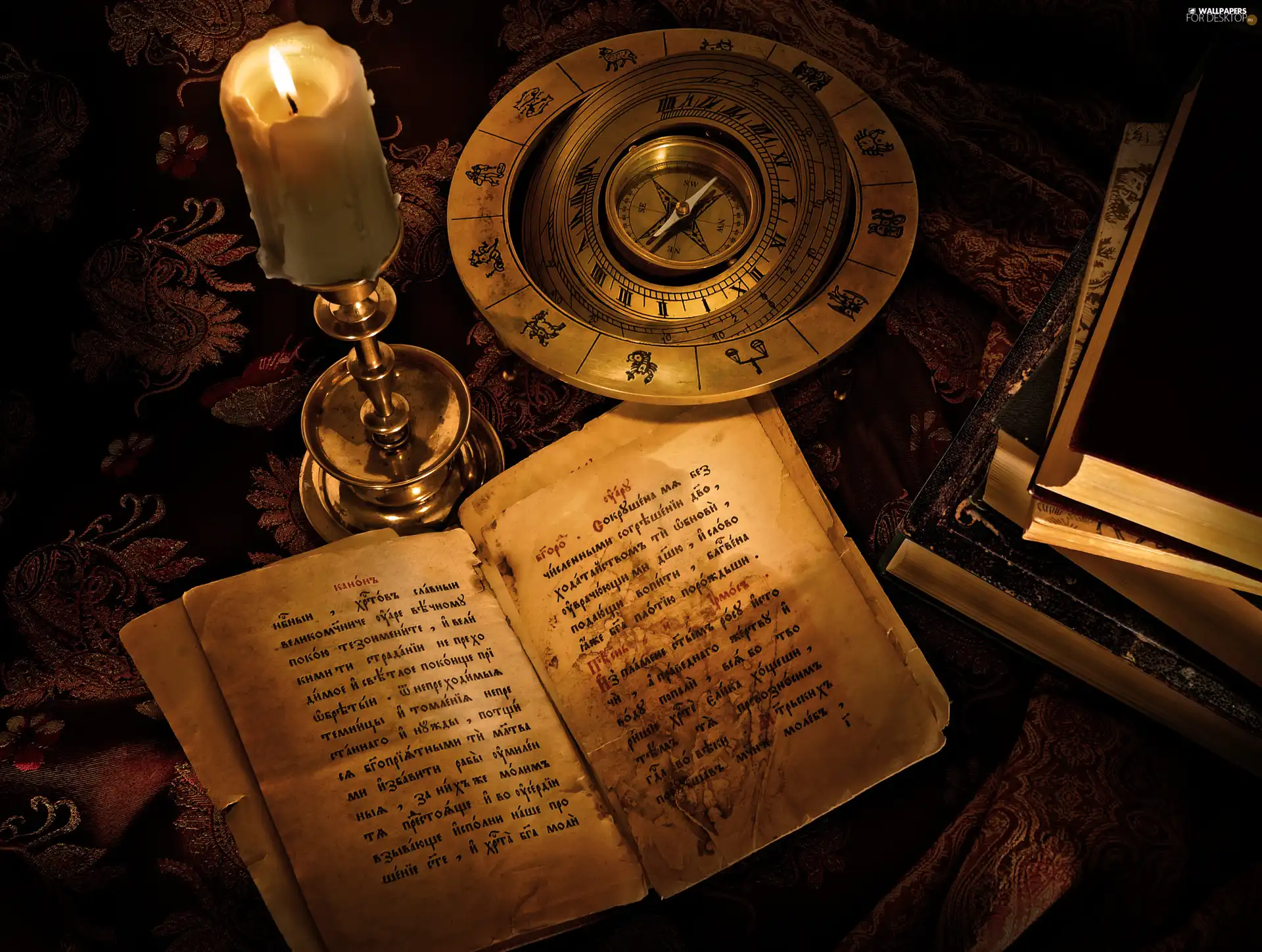 composition, Books, compass, candle