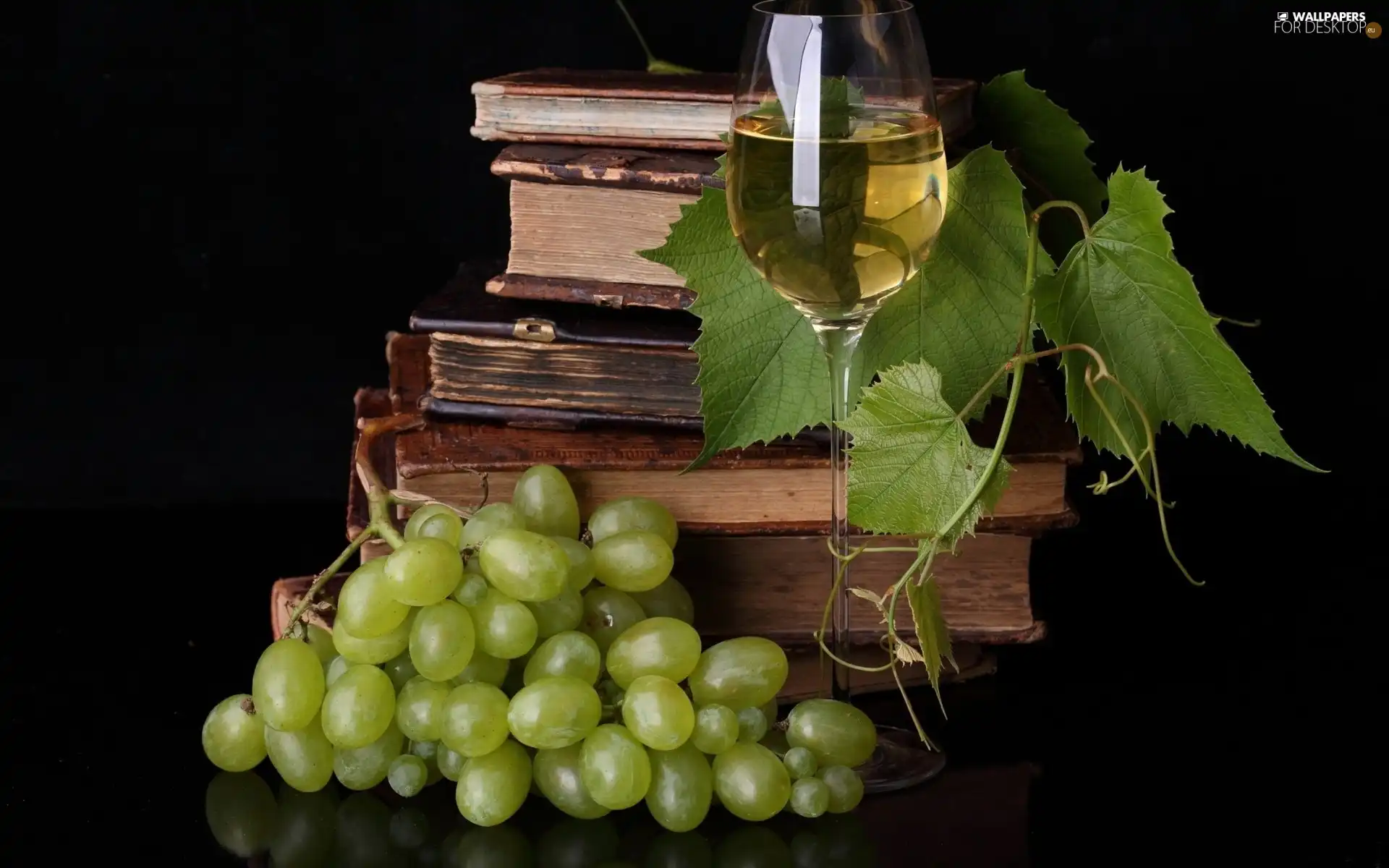 Grapes, old, green ones, leaves, Wine, Books