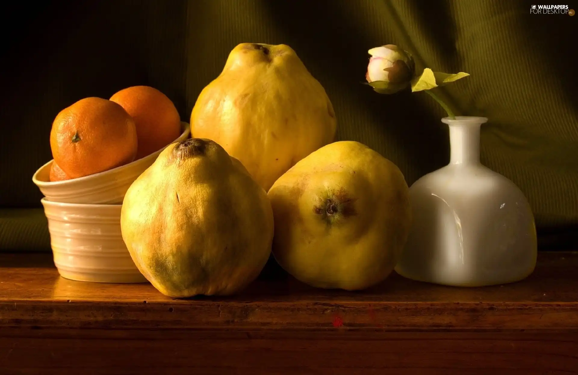 Colourfull Flowers, Bowls, mandarin, vase, quinces