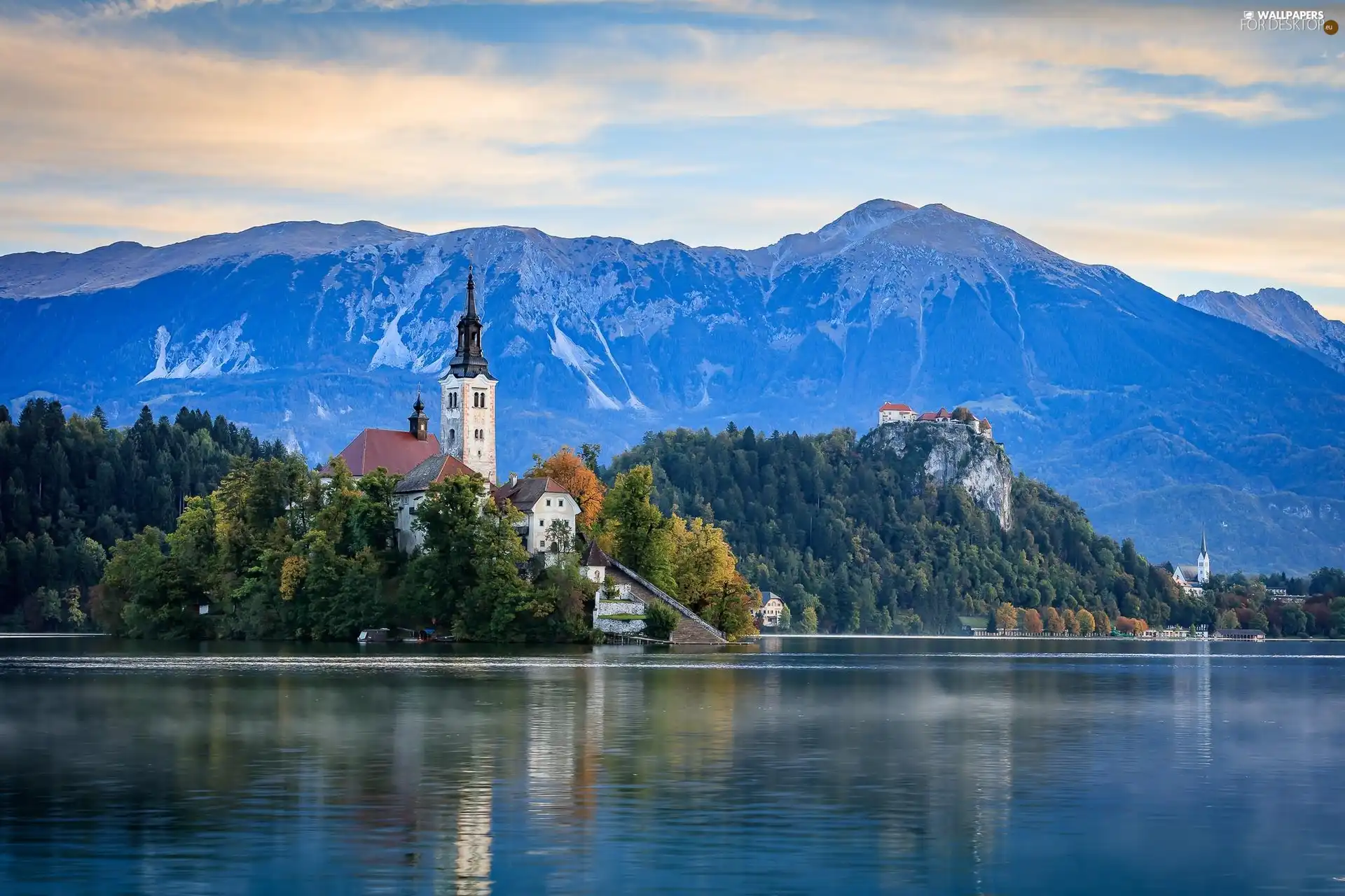 trees, Mountains, Lake Bled, clouds, Church, Blejski Otok Island, Julian Alps, Slovenia, viewes, Bled Castle