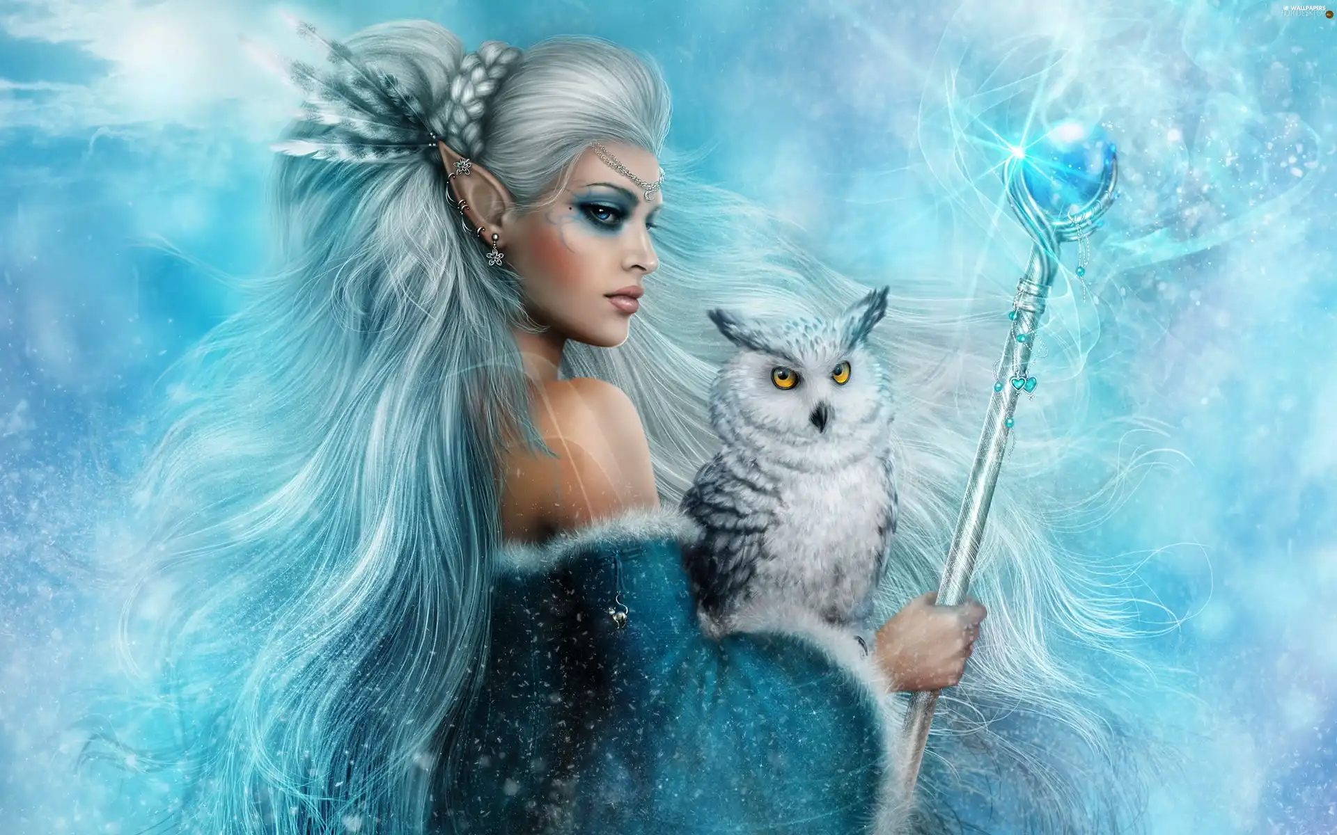 owl, fantasy, elf, Scepter, Women