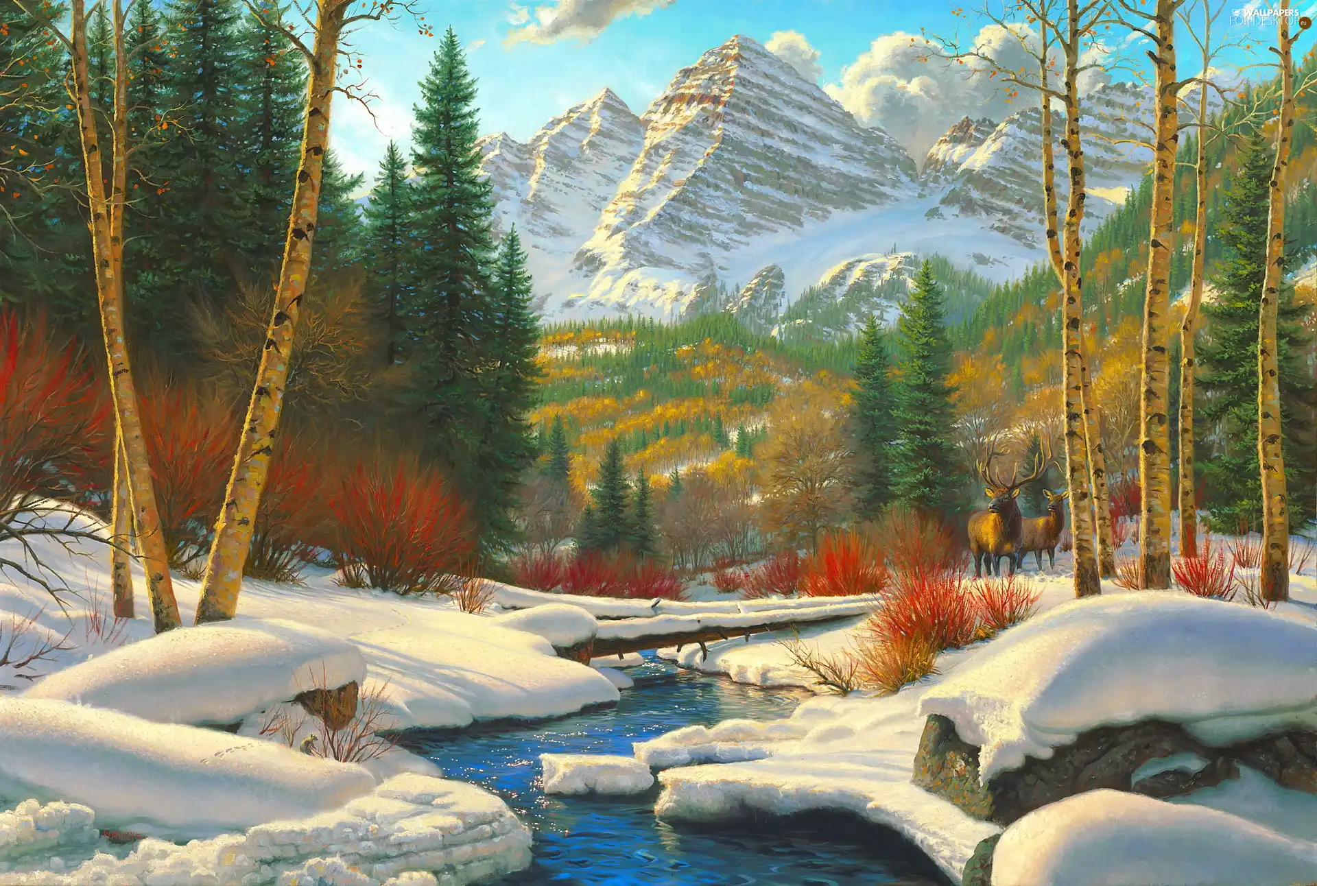 Mountains, view, painting, winter