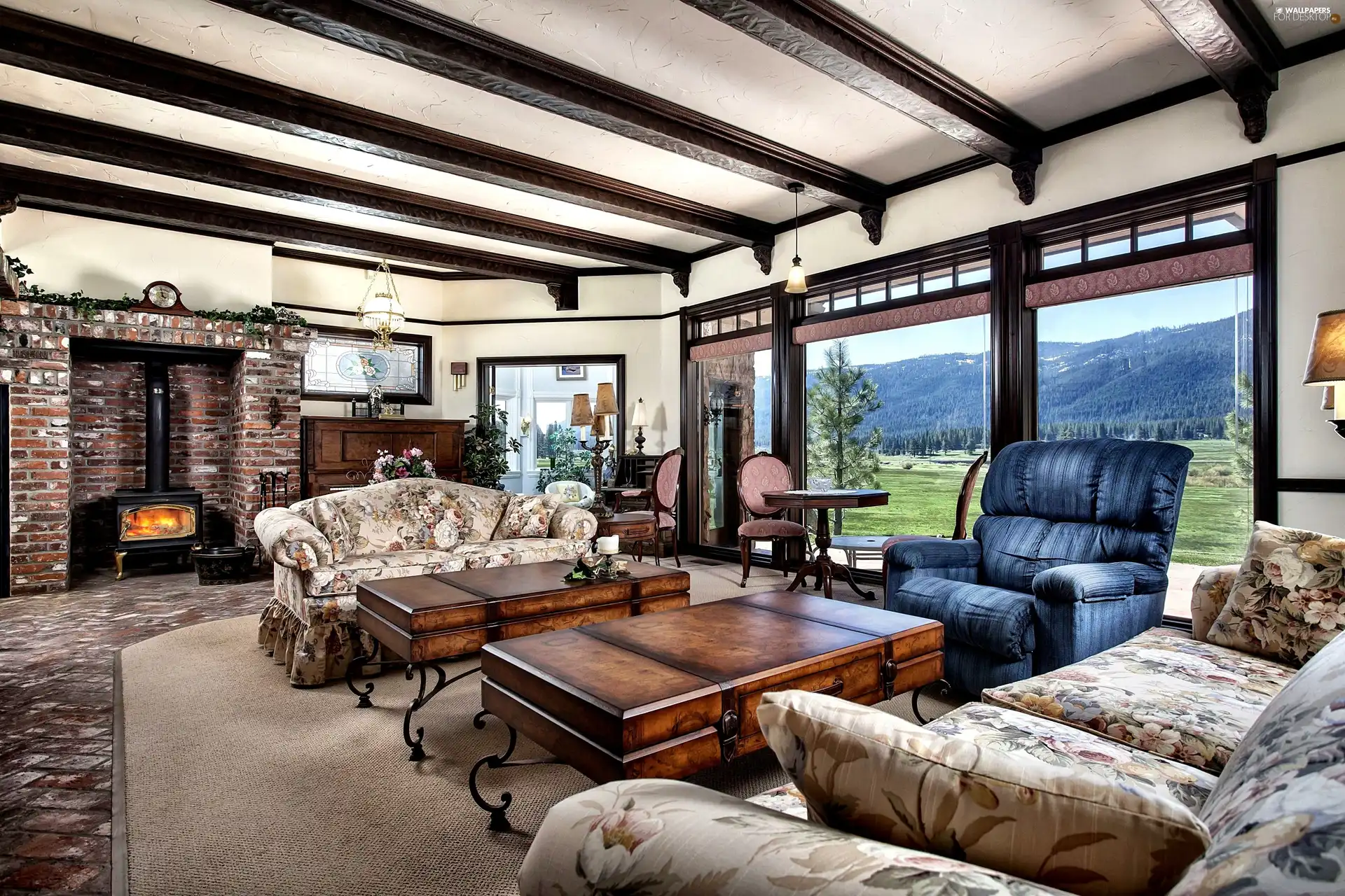 Window, burner chimney, Sofas, panorama, Granate, saloon, Stylish, Mountains, View, Armchair