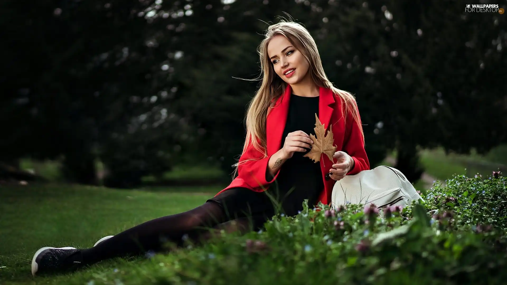 leaf, Blonde, trees, model, smiling, Park, viewes