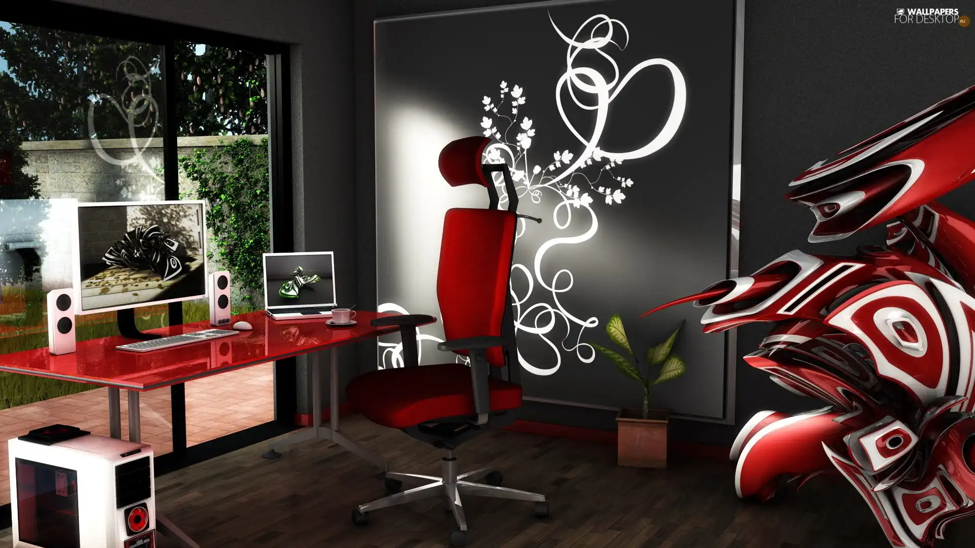 interior, desk, PC, Armchair