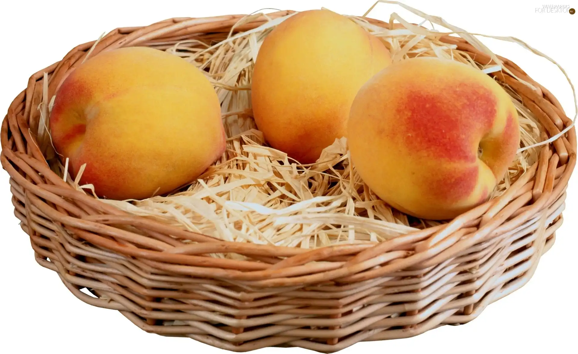 peaches, basket, hay