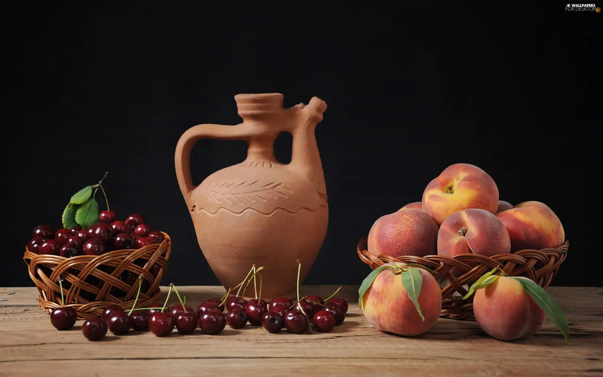 pitcher, cherries, peaches, basket