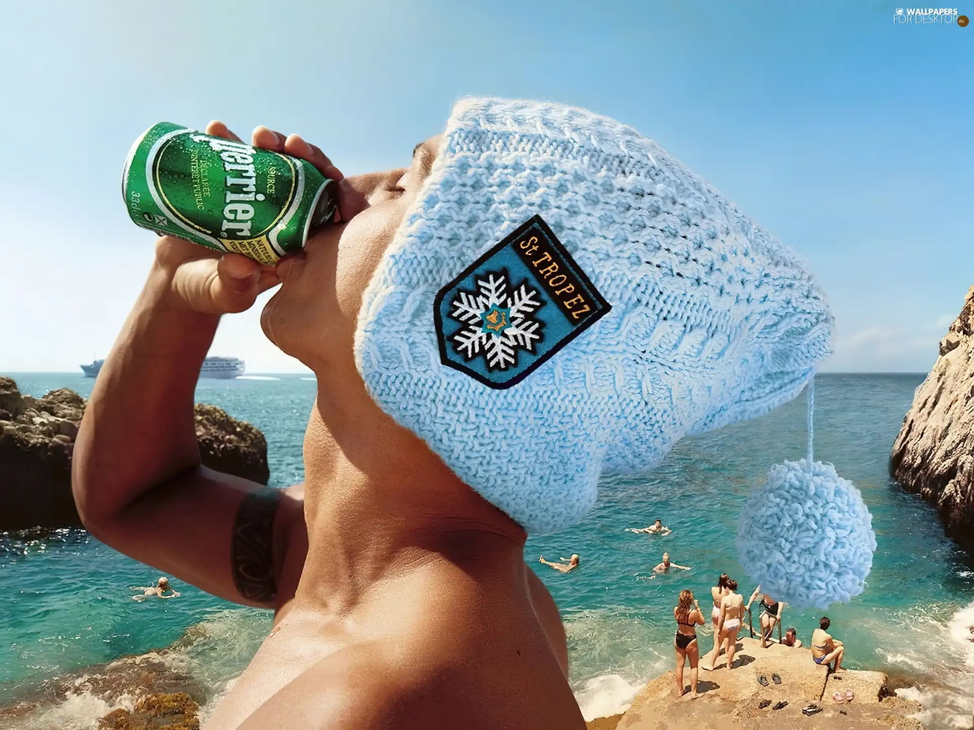 Head, water, Perrier, Hat