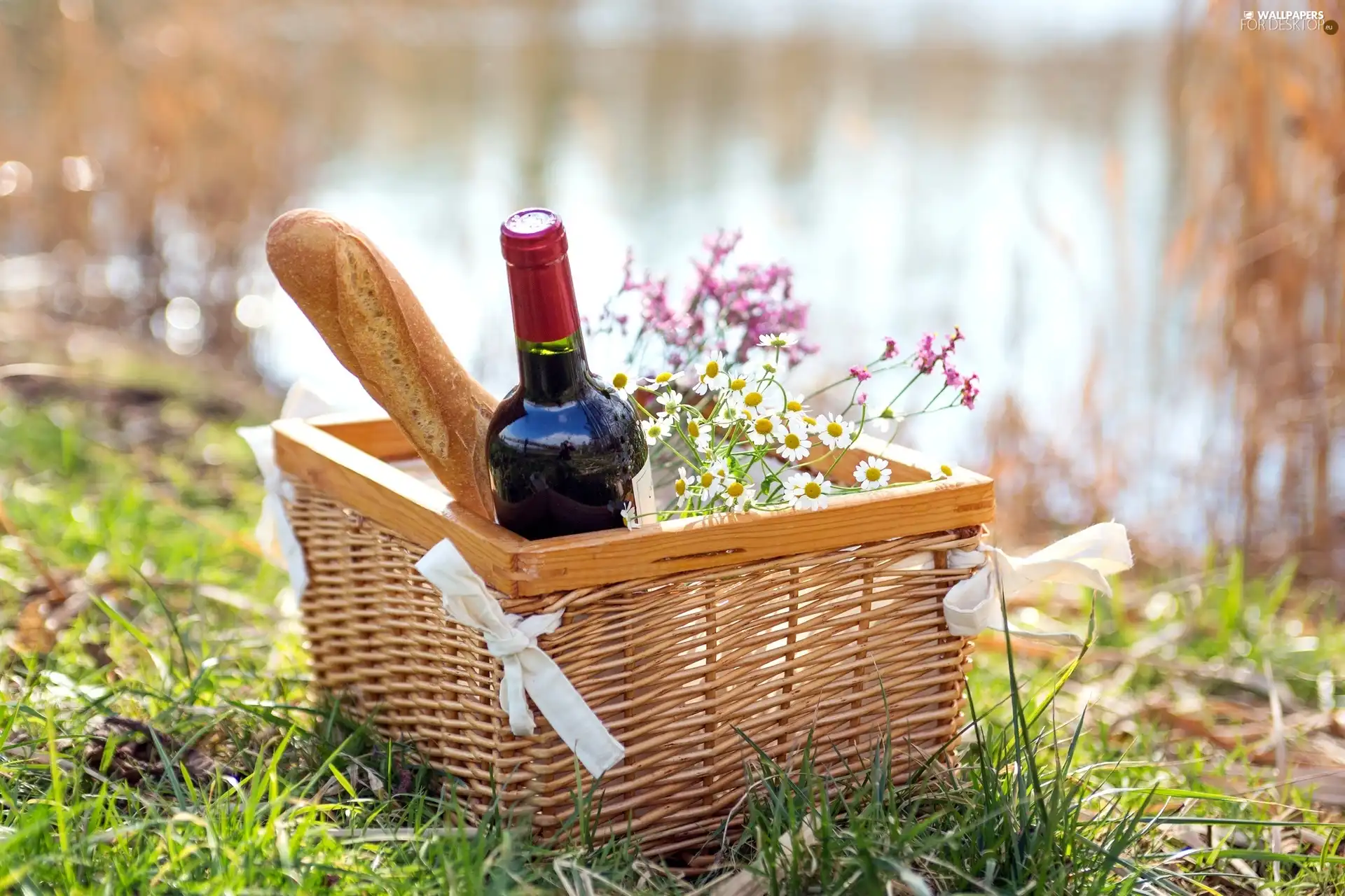 Wine, baguette, picnic, basket