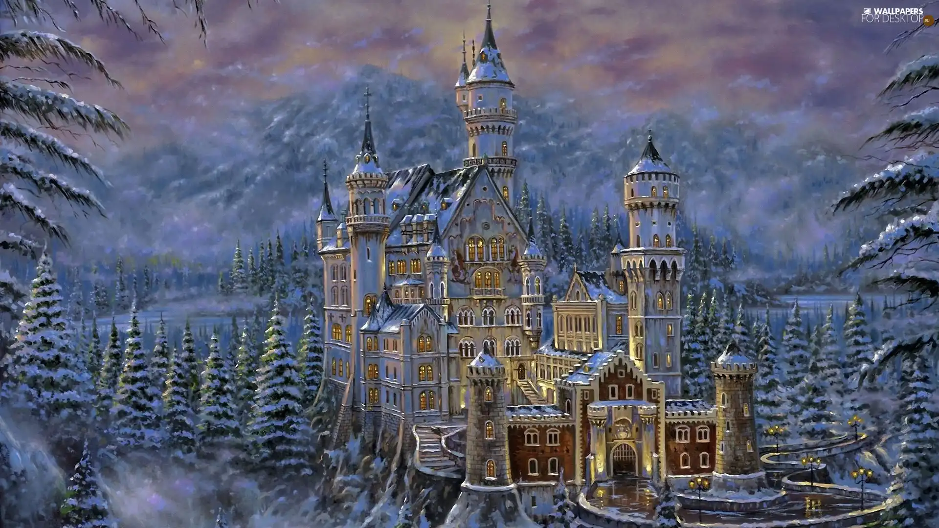 Castle, winter, picture, Neuschwanstein