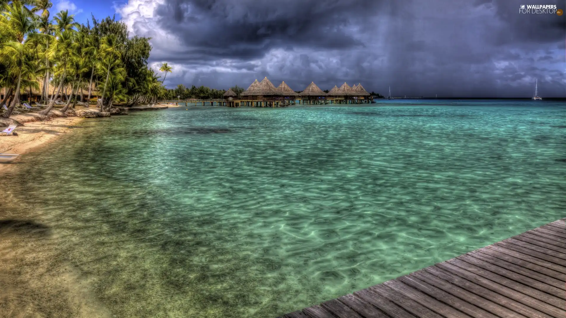 clouds, Houses, pier, sea