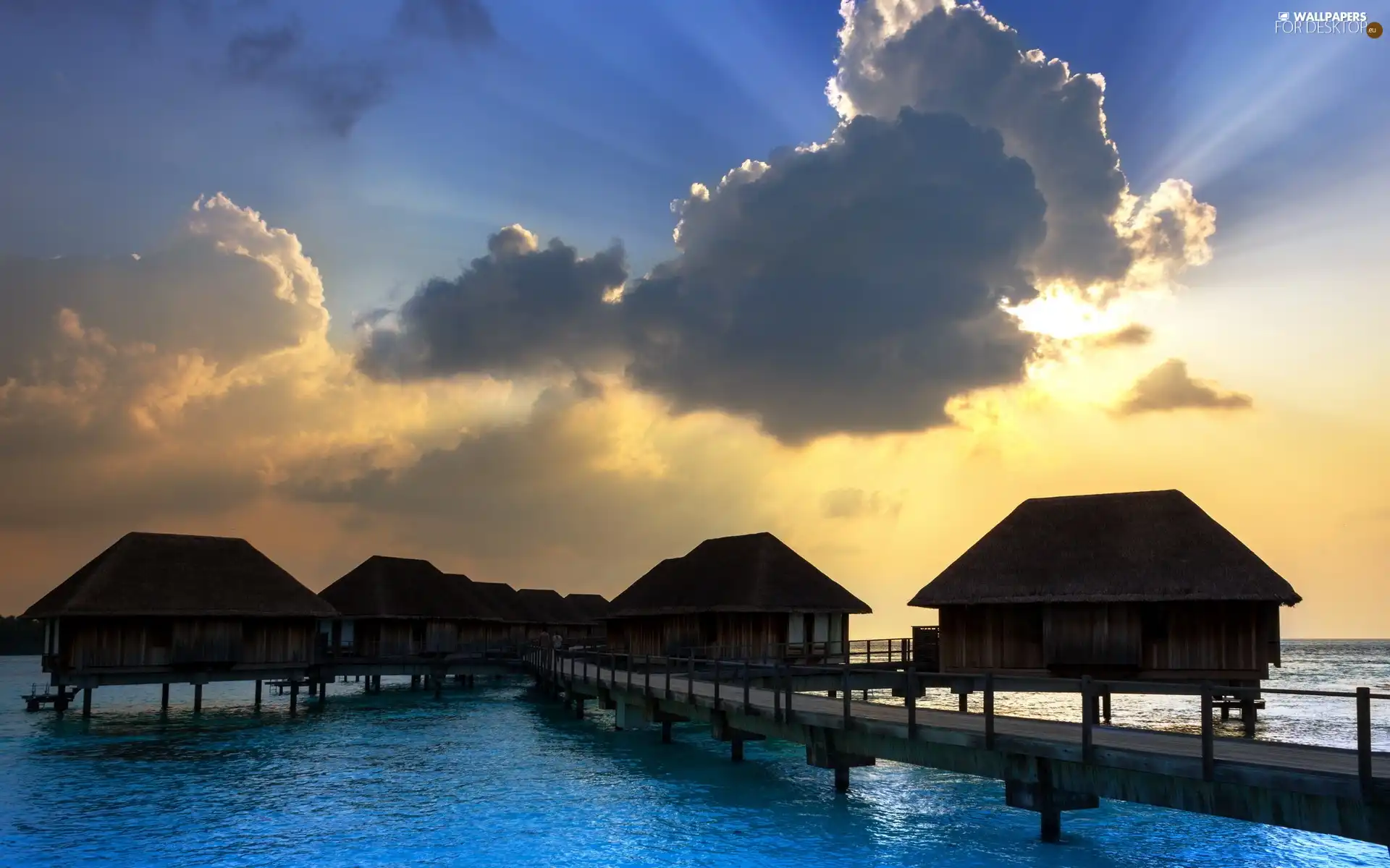 pier, Houses, sun, sea, west