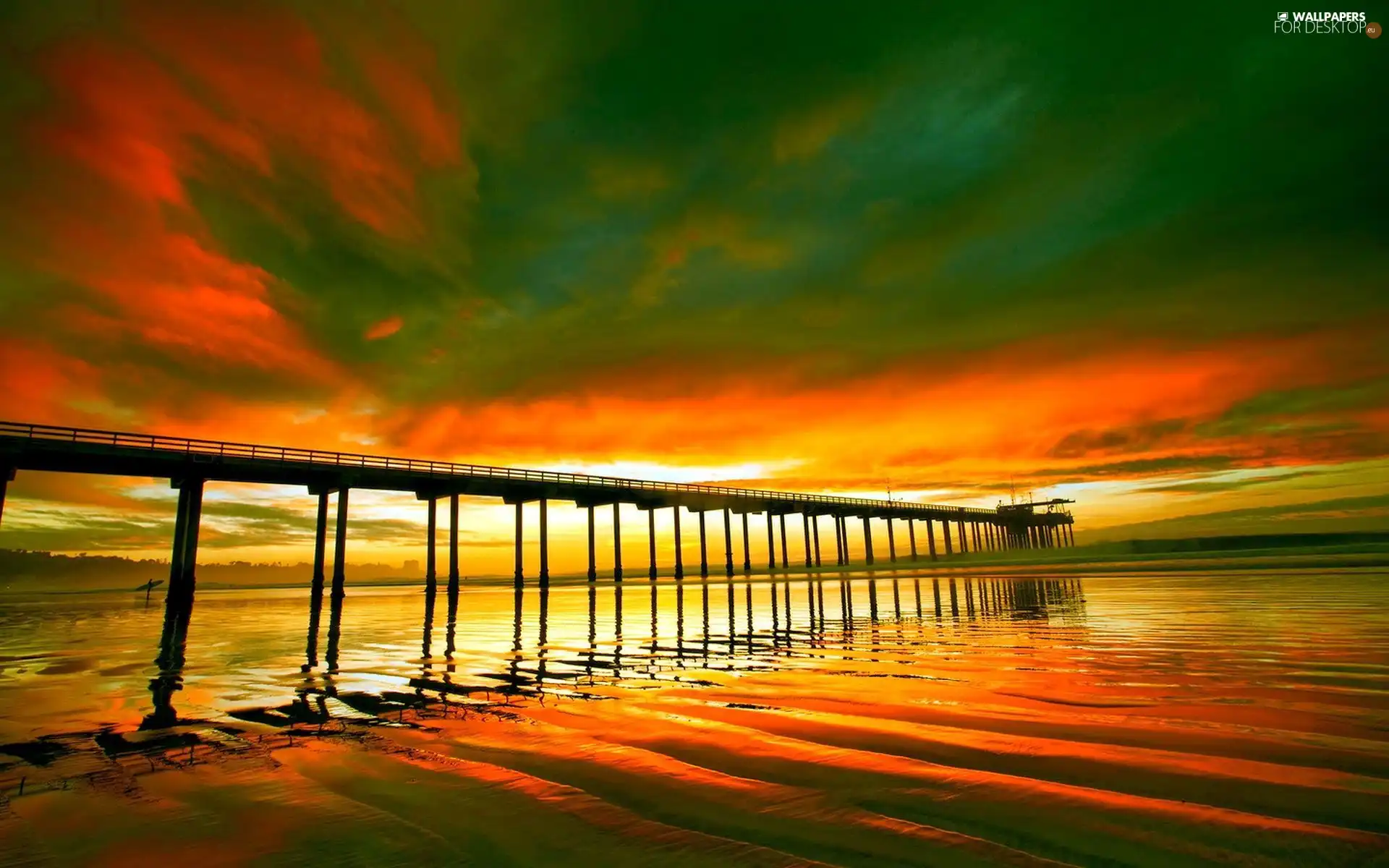 sea, sun, pier, west