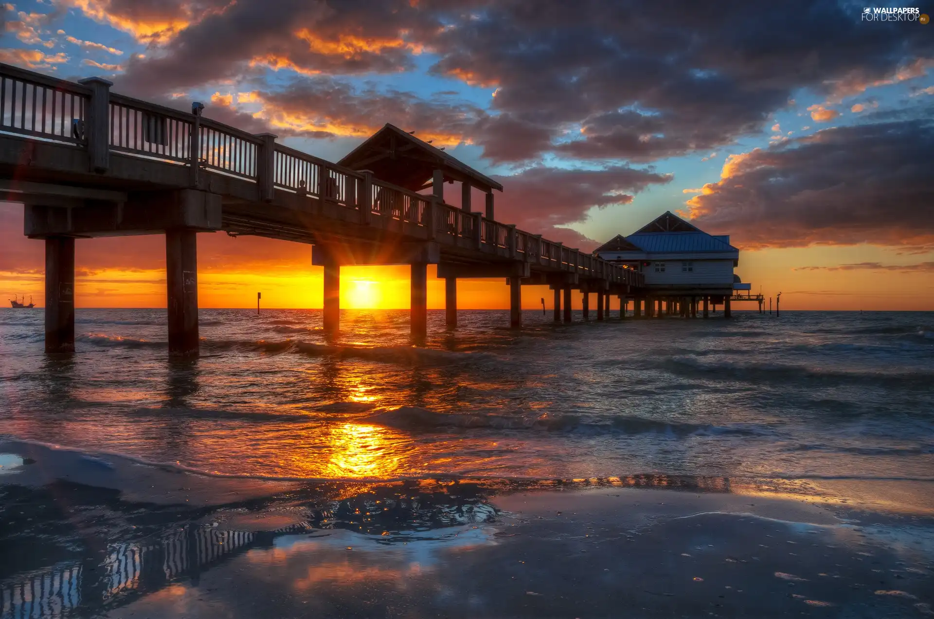 west, sea, pier, sun