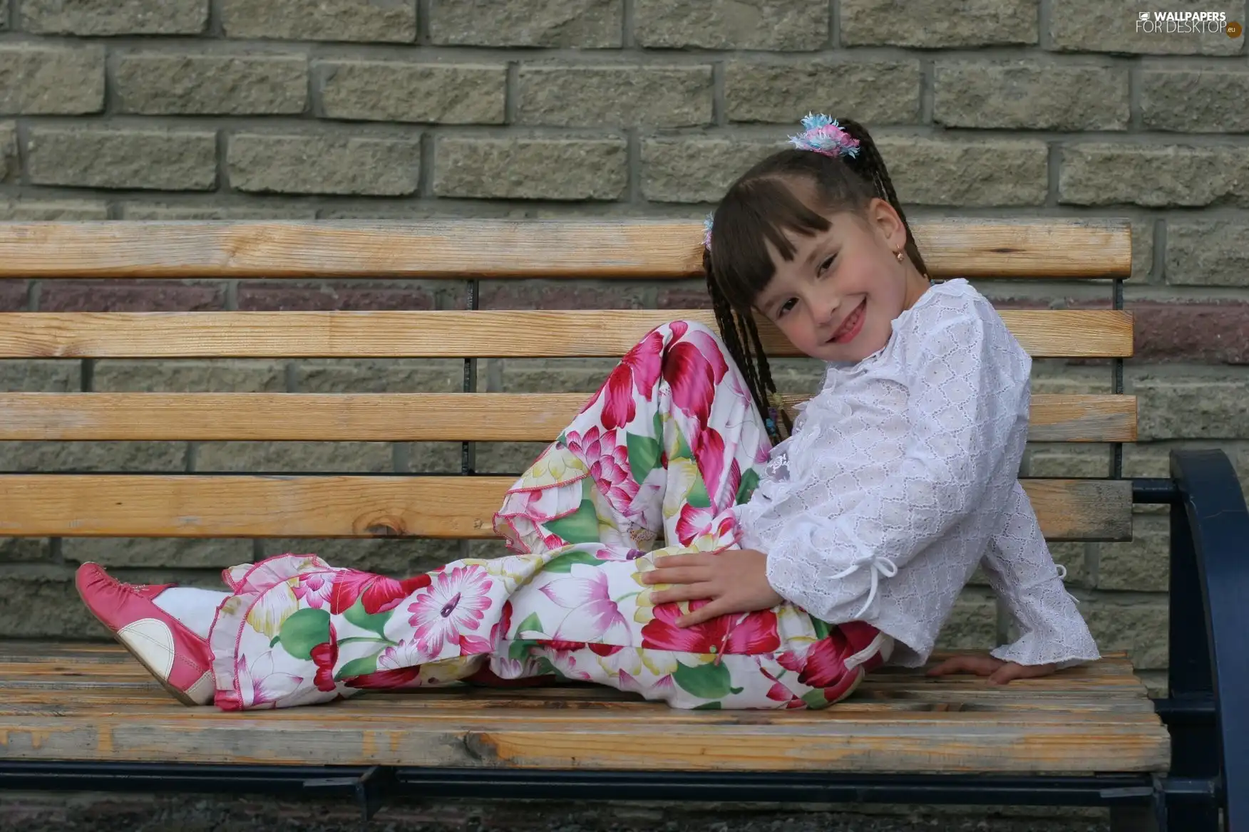 girl, Smile, pigtail, Bench