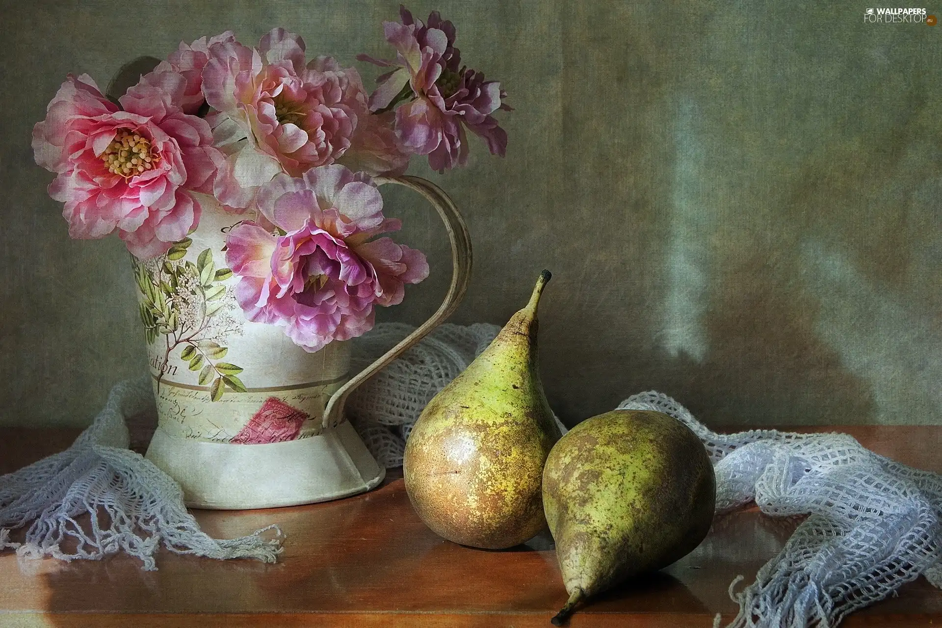 Flowers, shawl, truck concrete mixer, Pink, pitcher