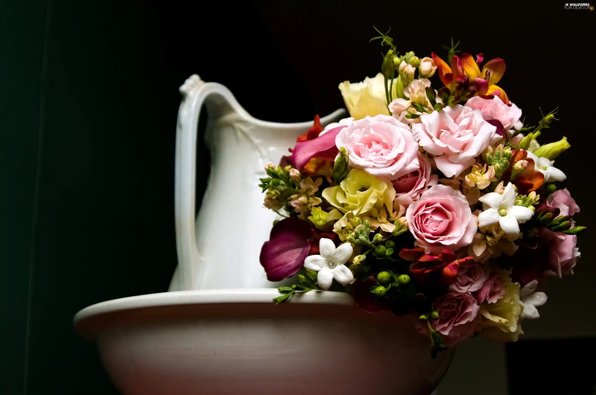 pitcher, bowl, flowers, White, bouquet