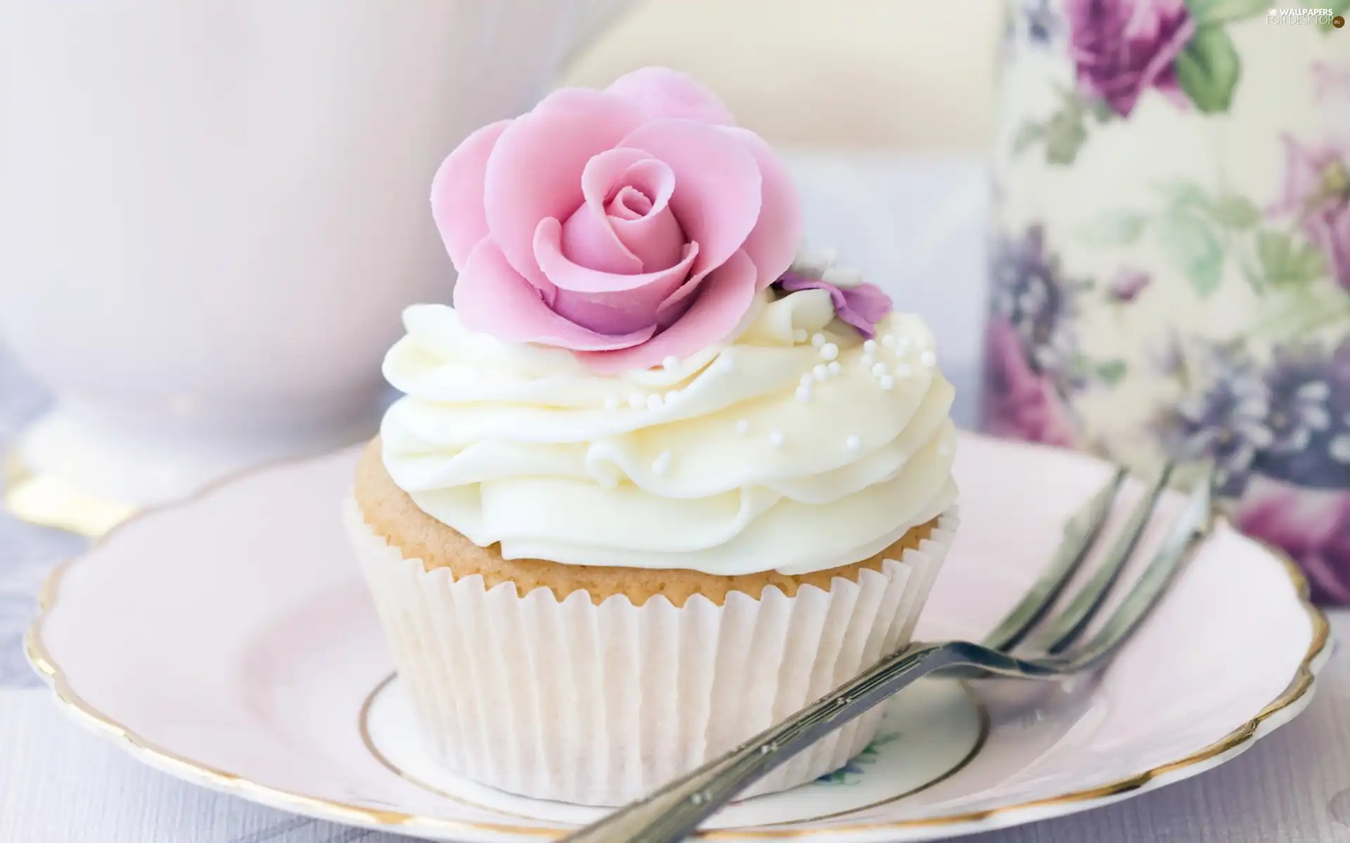 cake, fork, plate, rose