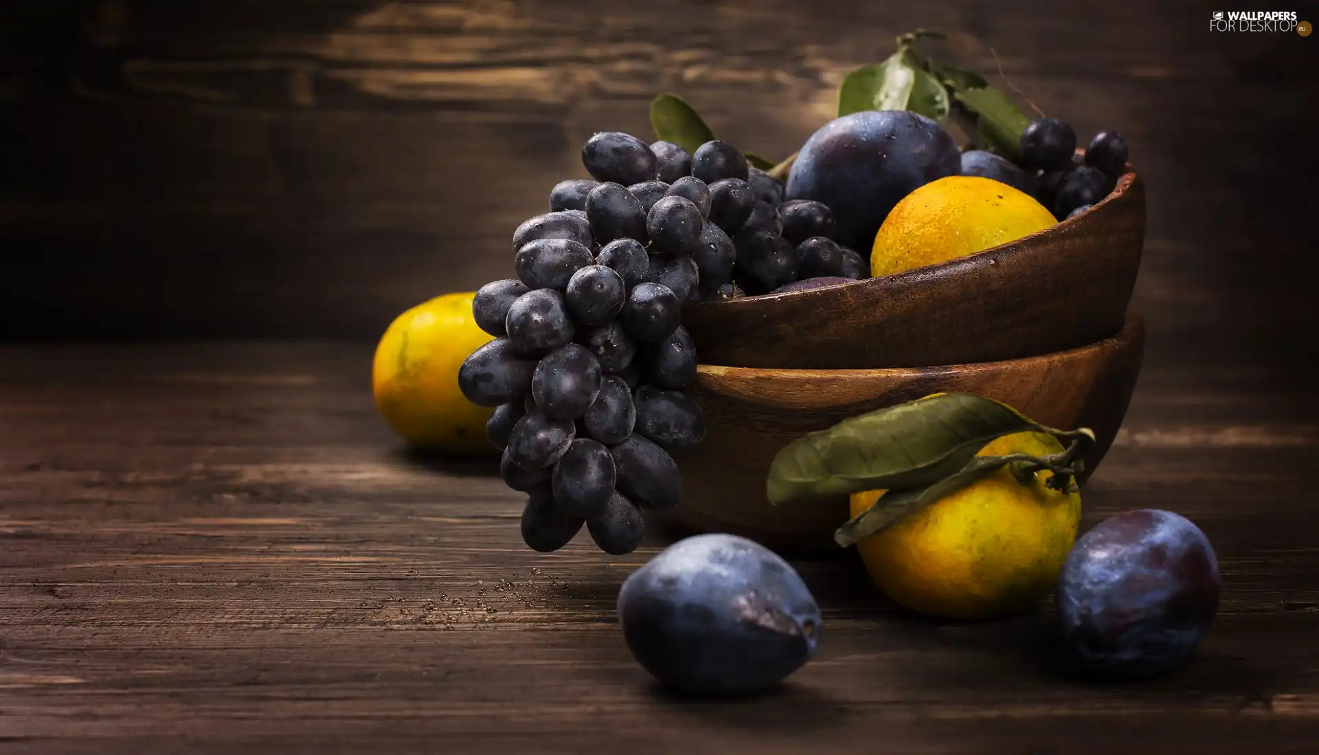 lemons, plums, Fruits, Grapes, Bowls