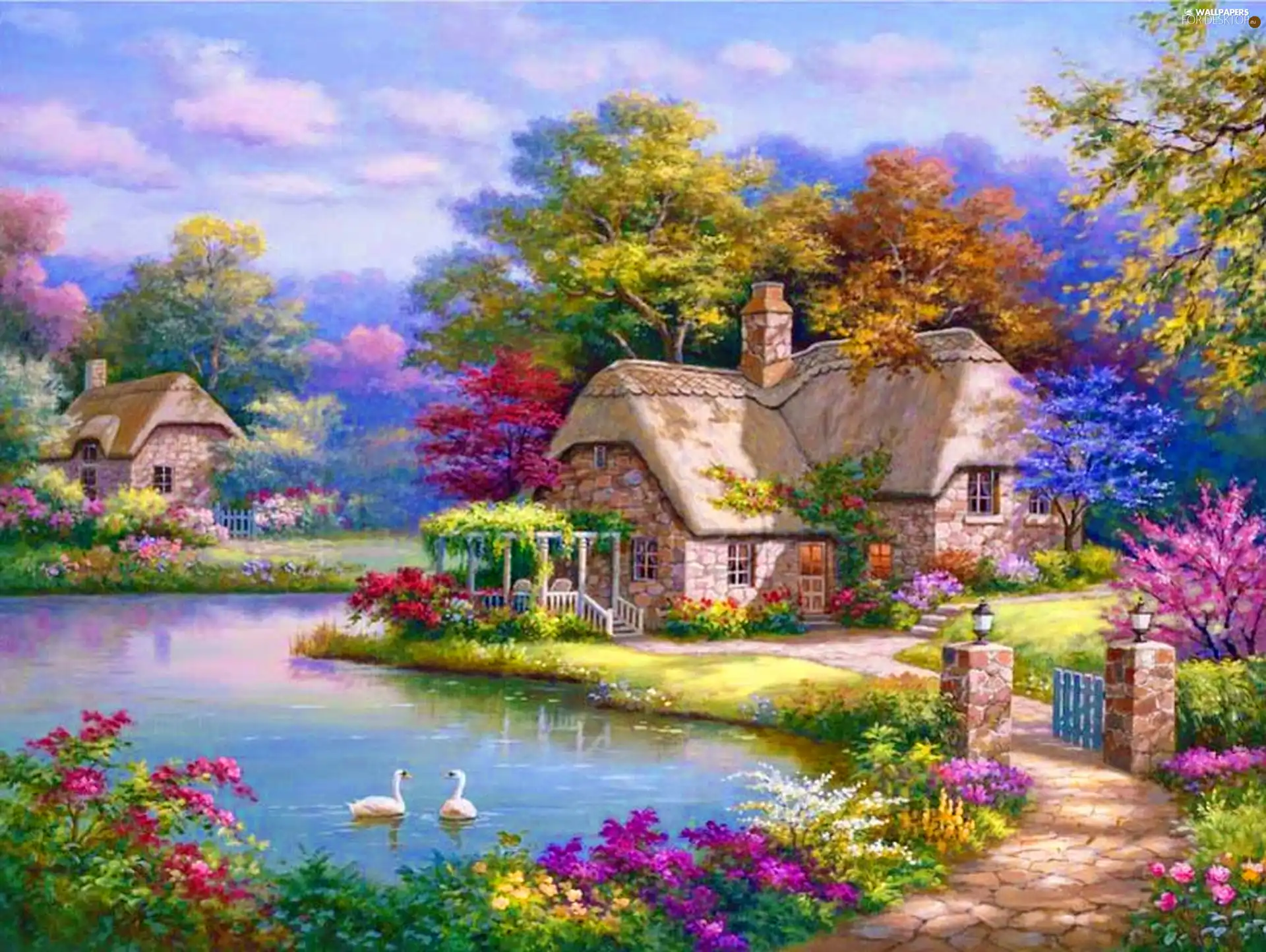 Flowers, Sung Kim, lake, Pond - car, house