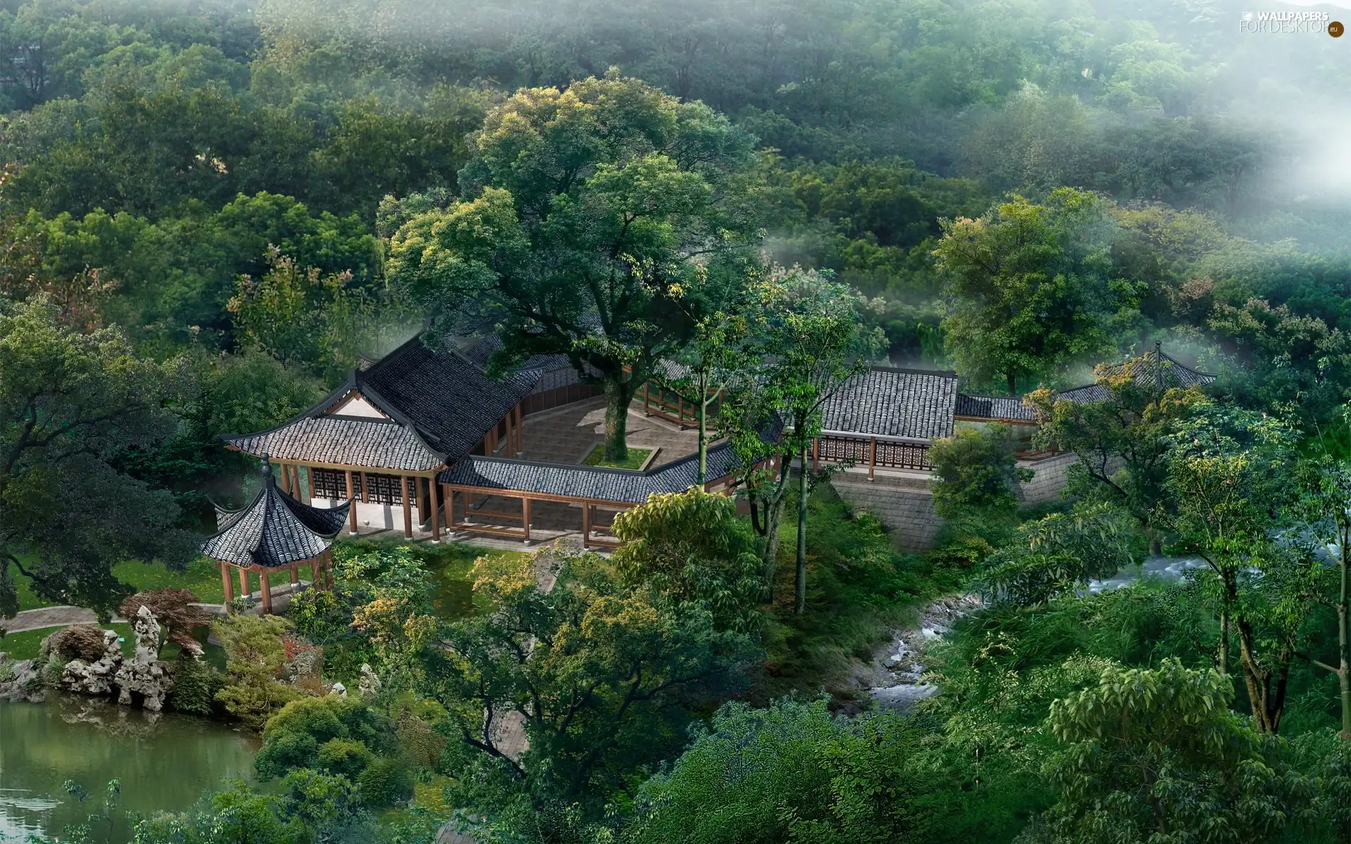 Houses, forest, Pond - car, China