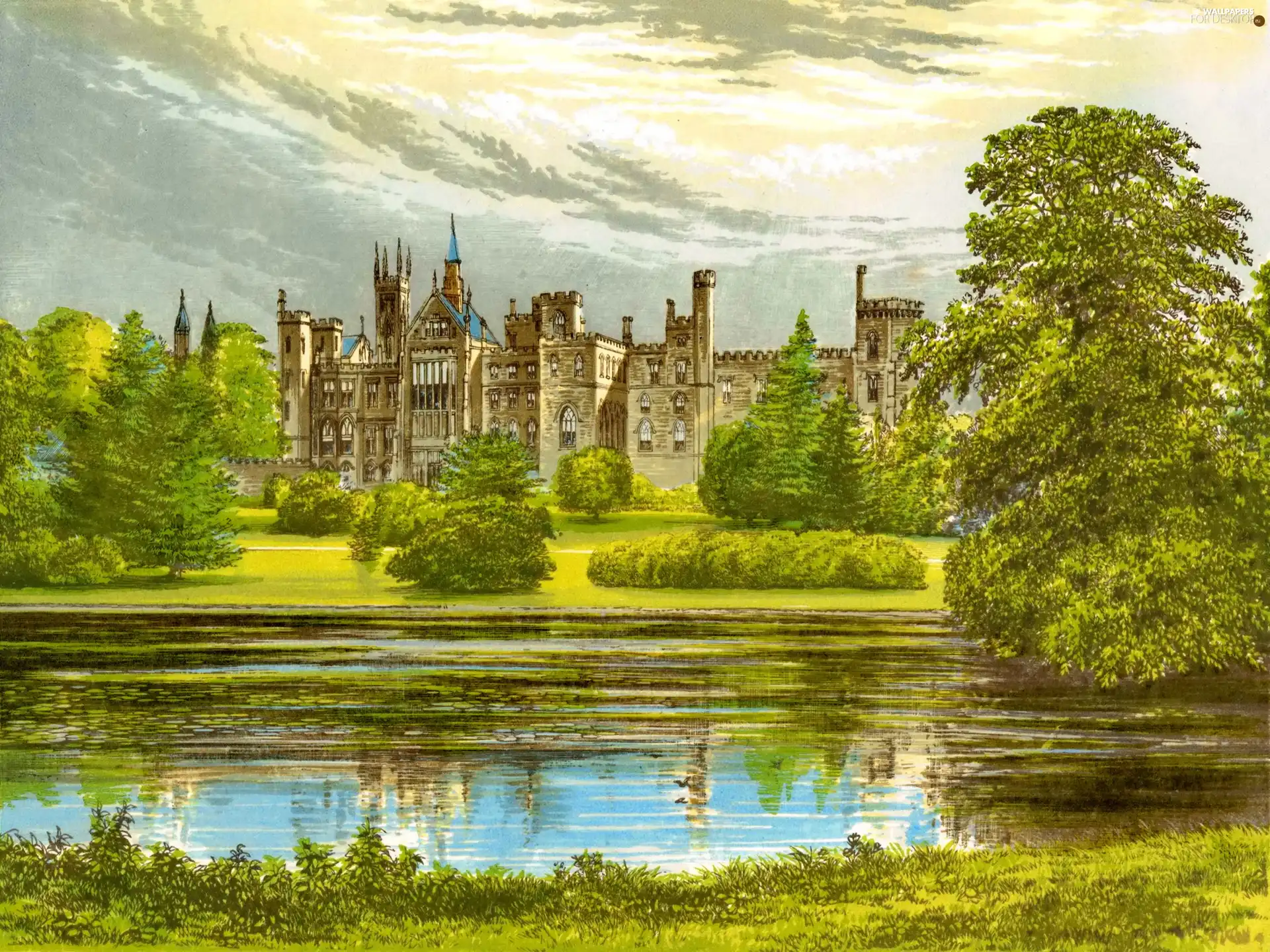 painting, Castle, Pond - car