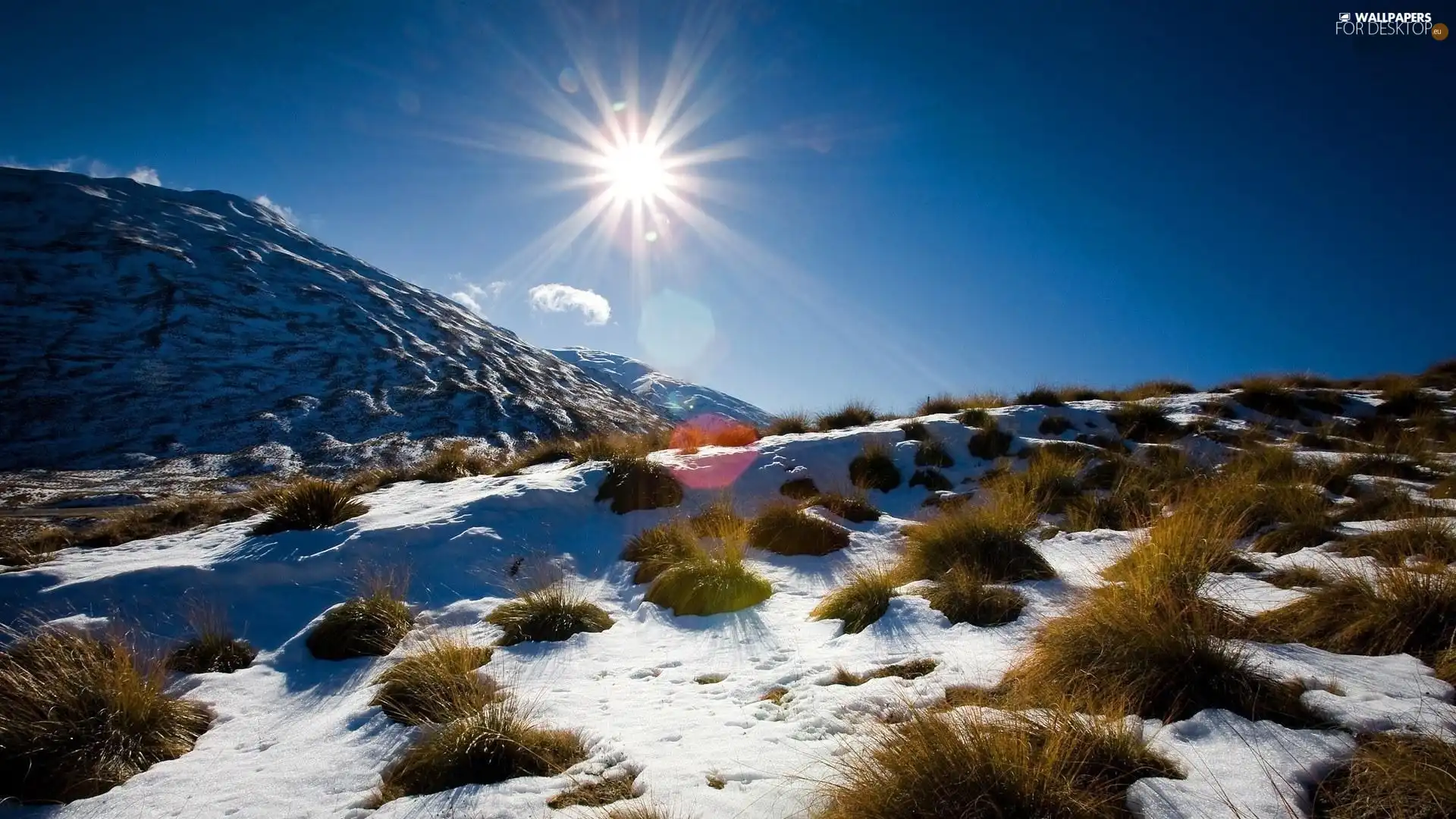 Przebijające, ligh, New Zeland, sun, luminosity, Mountains, winter, flash