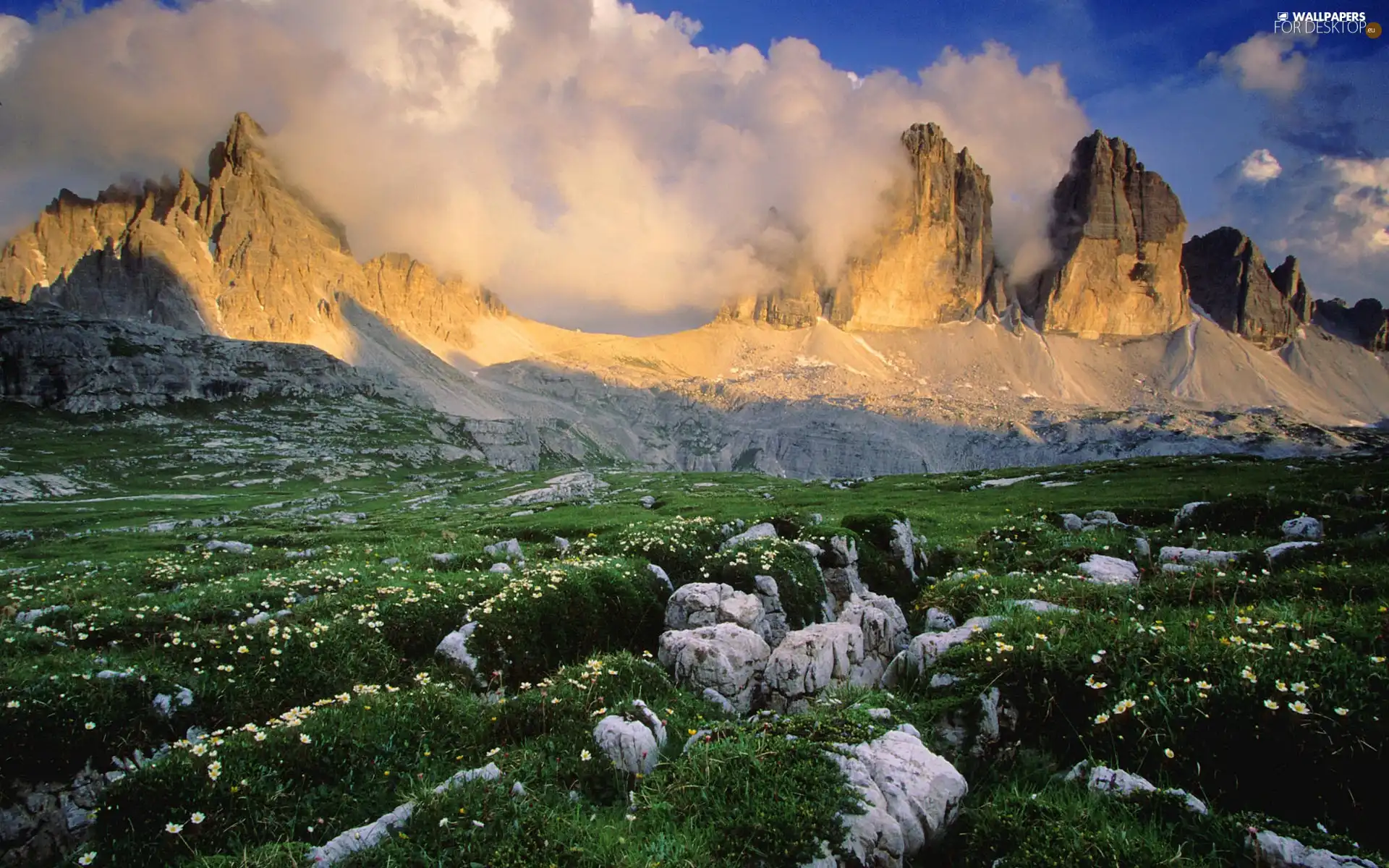 Stones, Przebijające, luminosity, ligh, flash, clouds, Mountains, sun