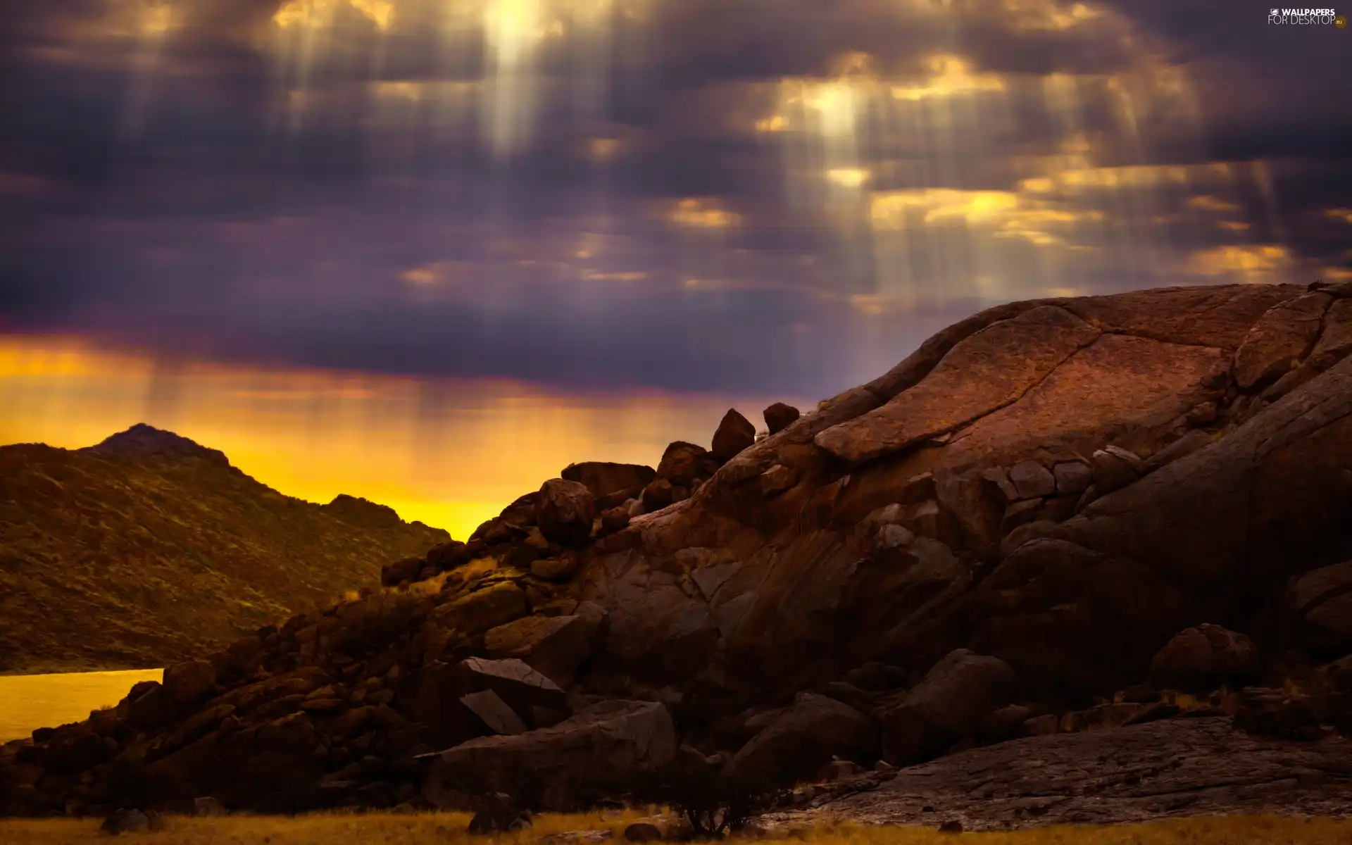 View, Przebijające, luminosity, ligh, flash, clouds, rocks, sun