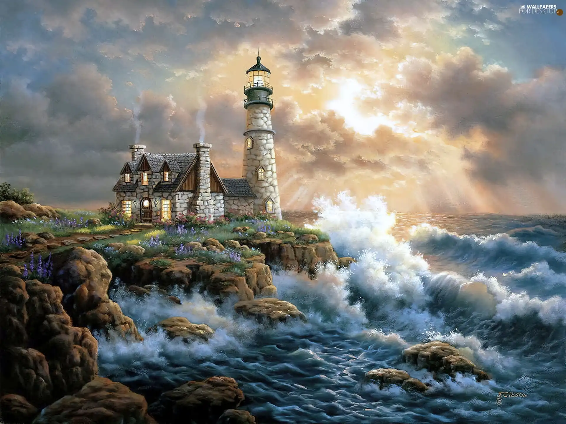 puffs, clouds, Lighthouses, Waves, picture